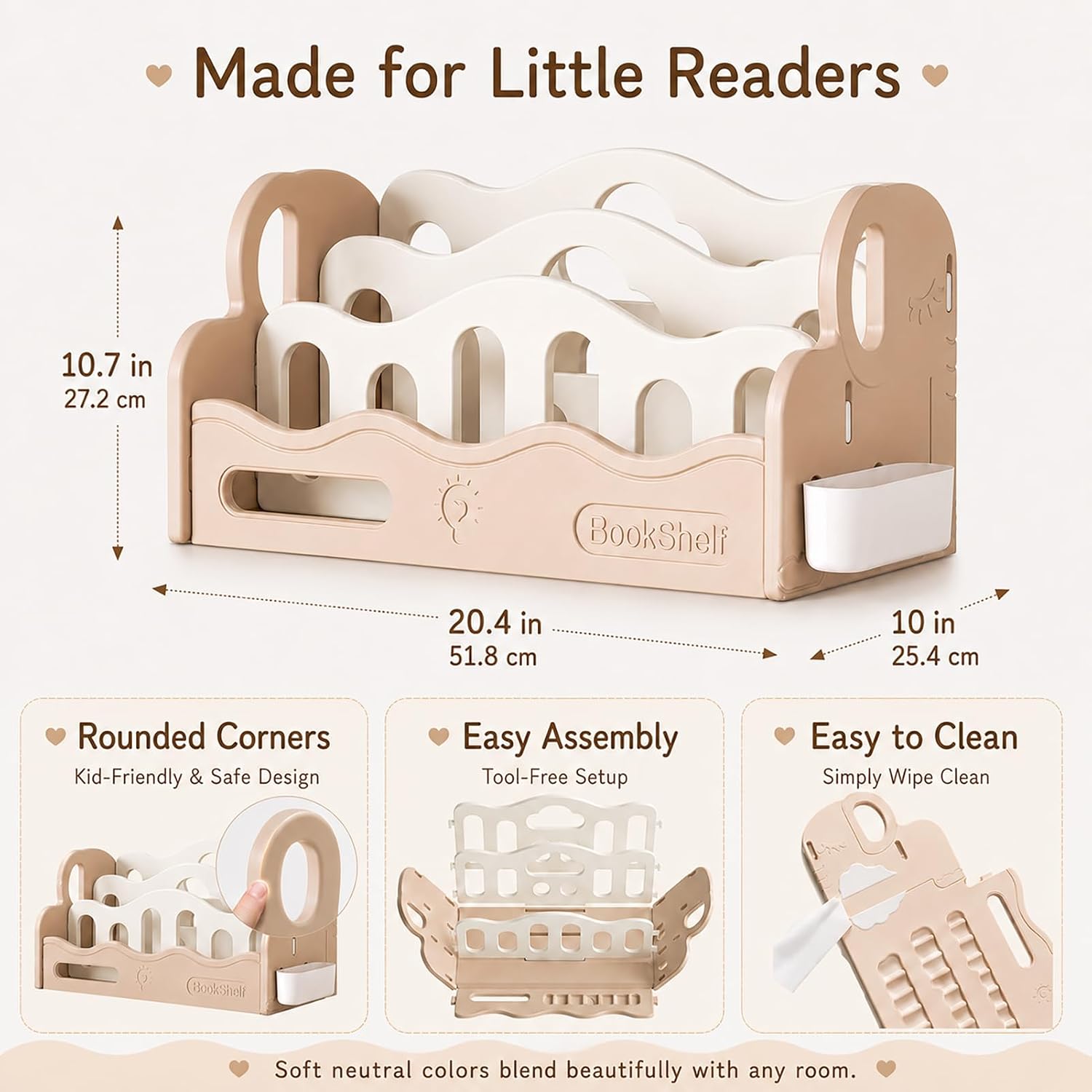 Kids Bookshelf for Toddler, Front Facing Montessori Book Shelf, 3 Tier Kids Bookcase Organizer, BPA-Free HDPE Nursery Bookshelf, Tool-Free Assembly, Book Rack for Bedroom, Playroom, Classroom