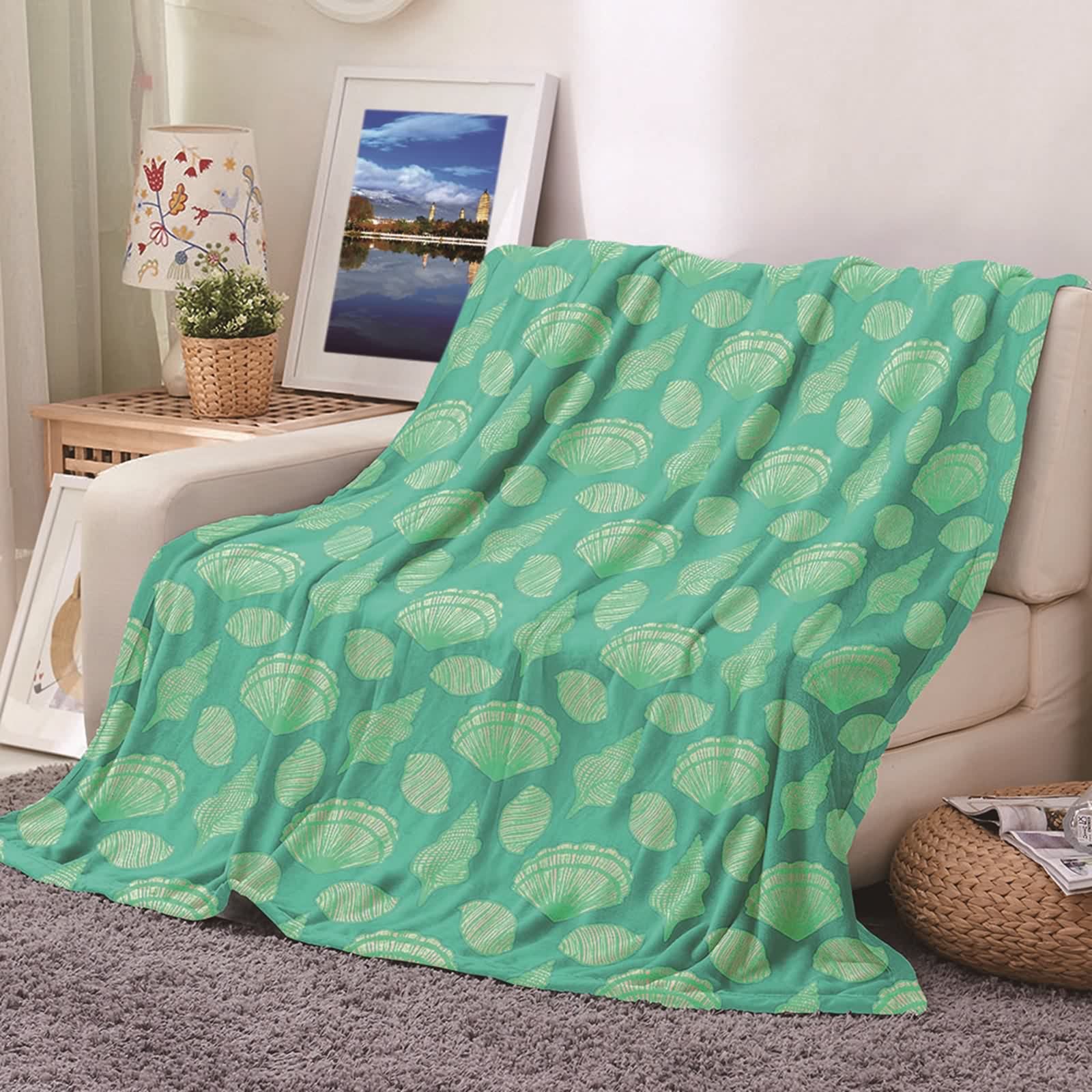 Couverture polaire en flannel verte 100x150cm au motif conque KnSam pour lit