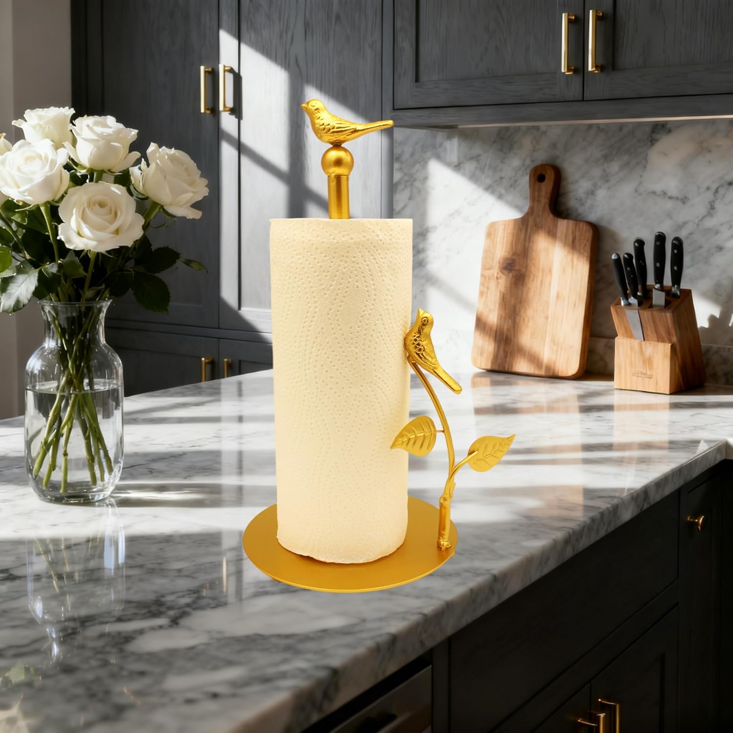 Gold Paper Towel Holder with Arm Fit Most Size Paper Roll Gold Paper Towel Holder Countertop Golden Bird Decor for Kitchen