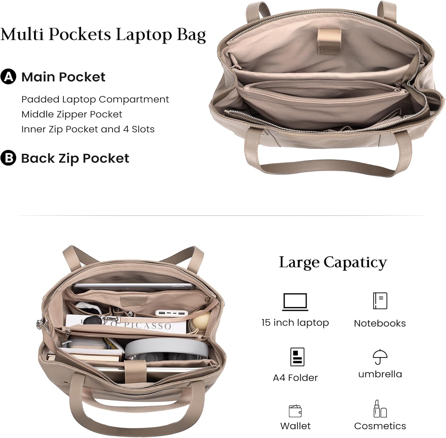 befen Genuine Leather Laptop Tote Bag for Women, Womens 15 Inch Computer Bags Work Totes Purse Shoulder Purses Handbags - Image 3