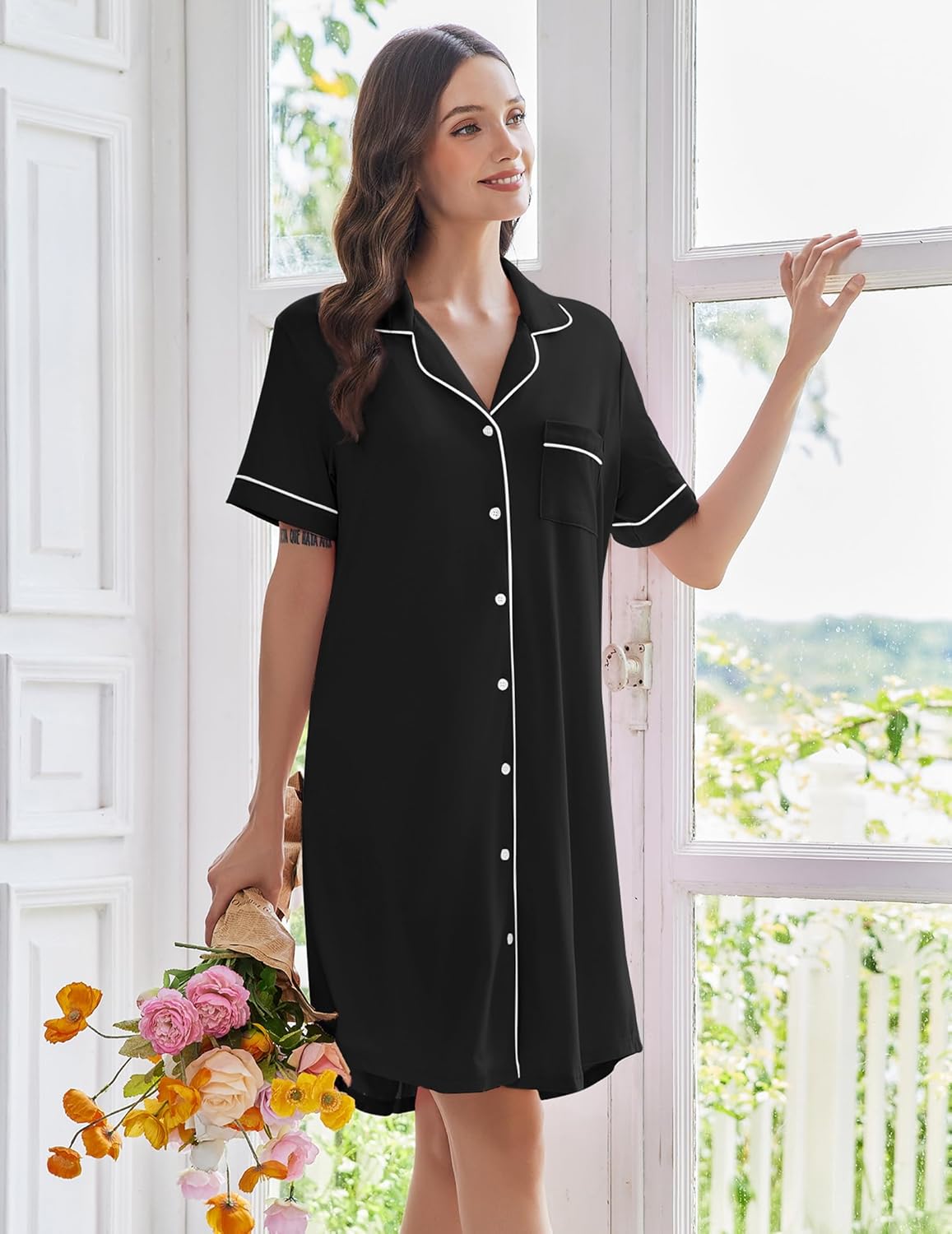Ekouaer Nightgowns for Women Button Down Sleep Shirts Short Sleeve Nightshirt Classic Pajama Dress Soft Sleepwear S-XXXL - Image 4