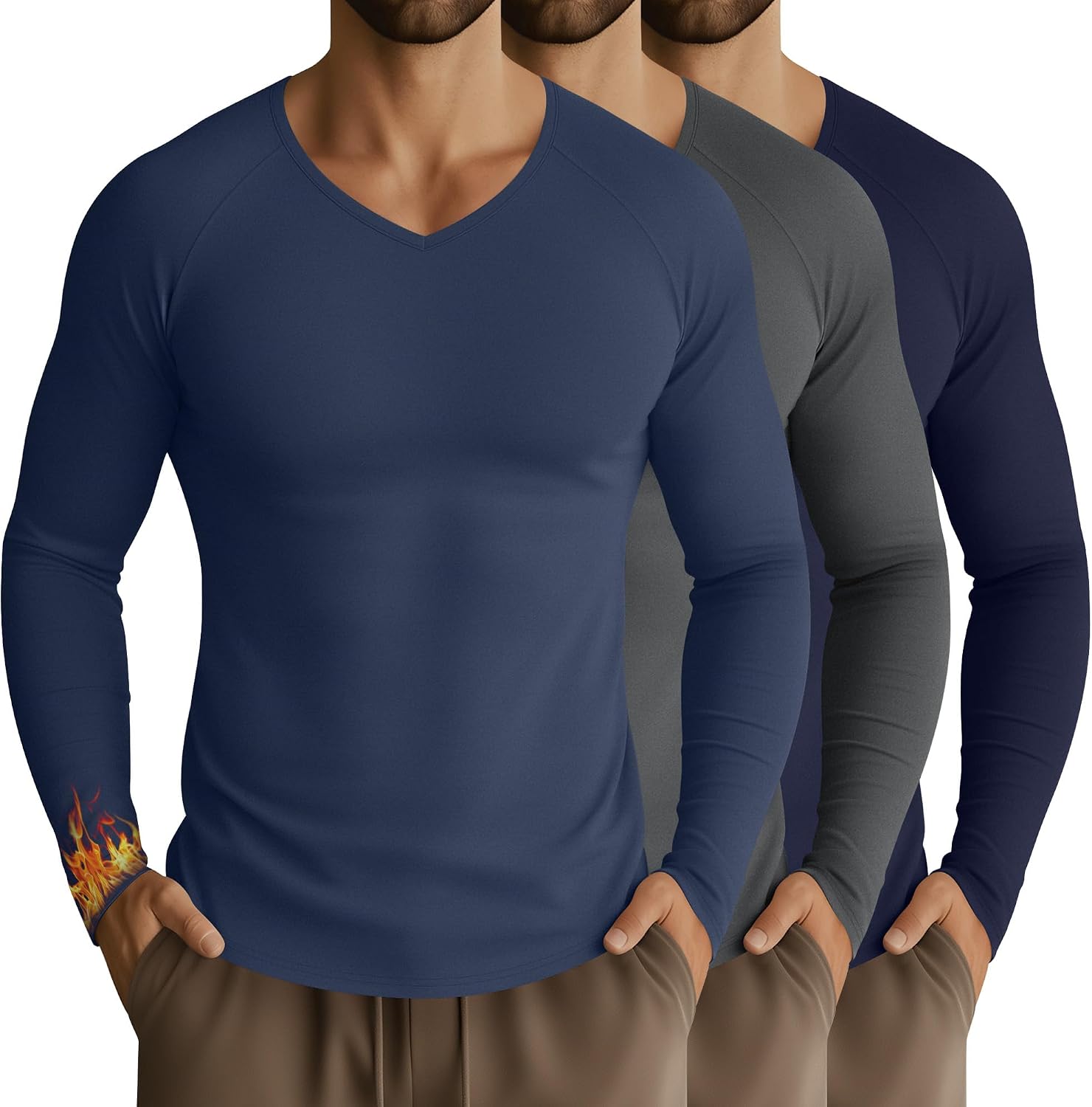 3 Pack Men's Thermal Shirts Big and Tall Fleece Lined Long Sleeve V Neck Base Layer Raglan Curved Hem Basic Warm Top