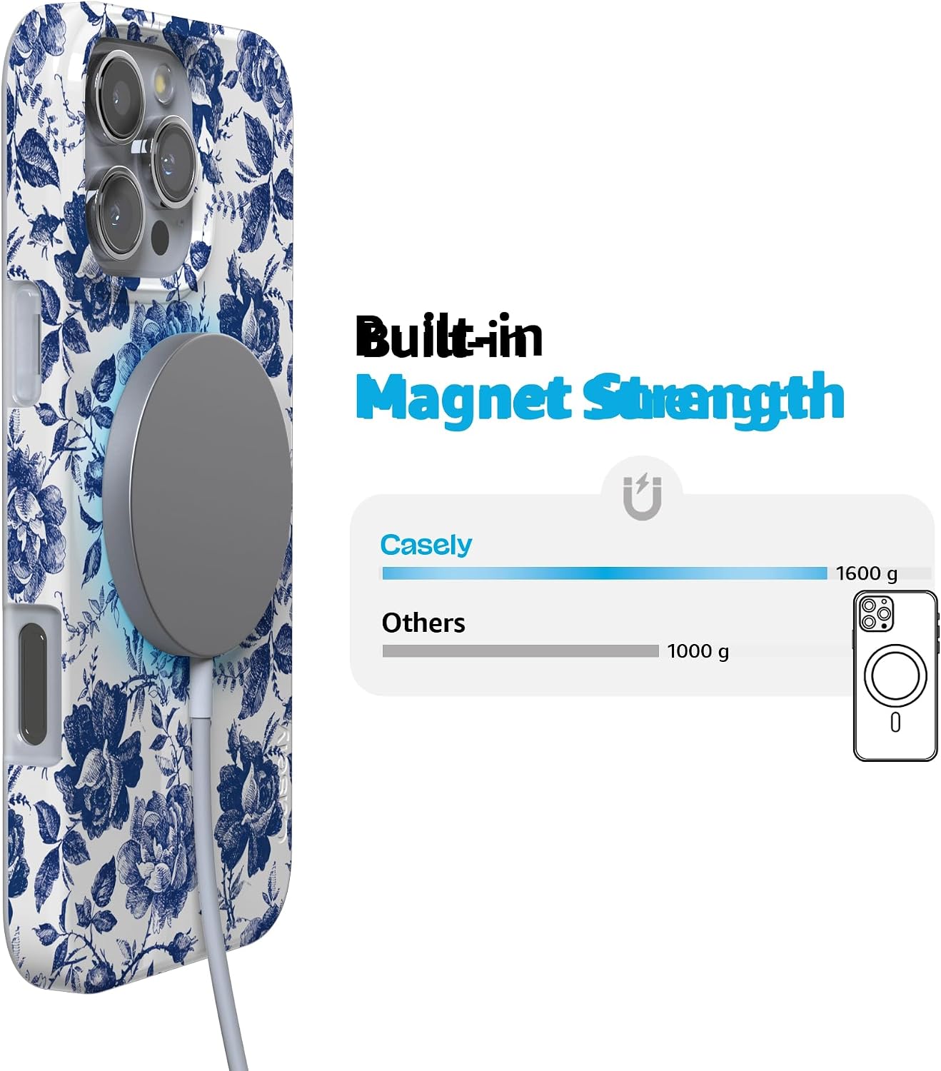 Casely iPhone 16 Pro Case | Rose to Fame | Blue & White Floral | Compatible with MagSafe | Classic Ultra Slim Design