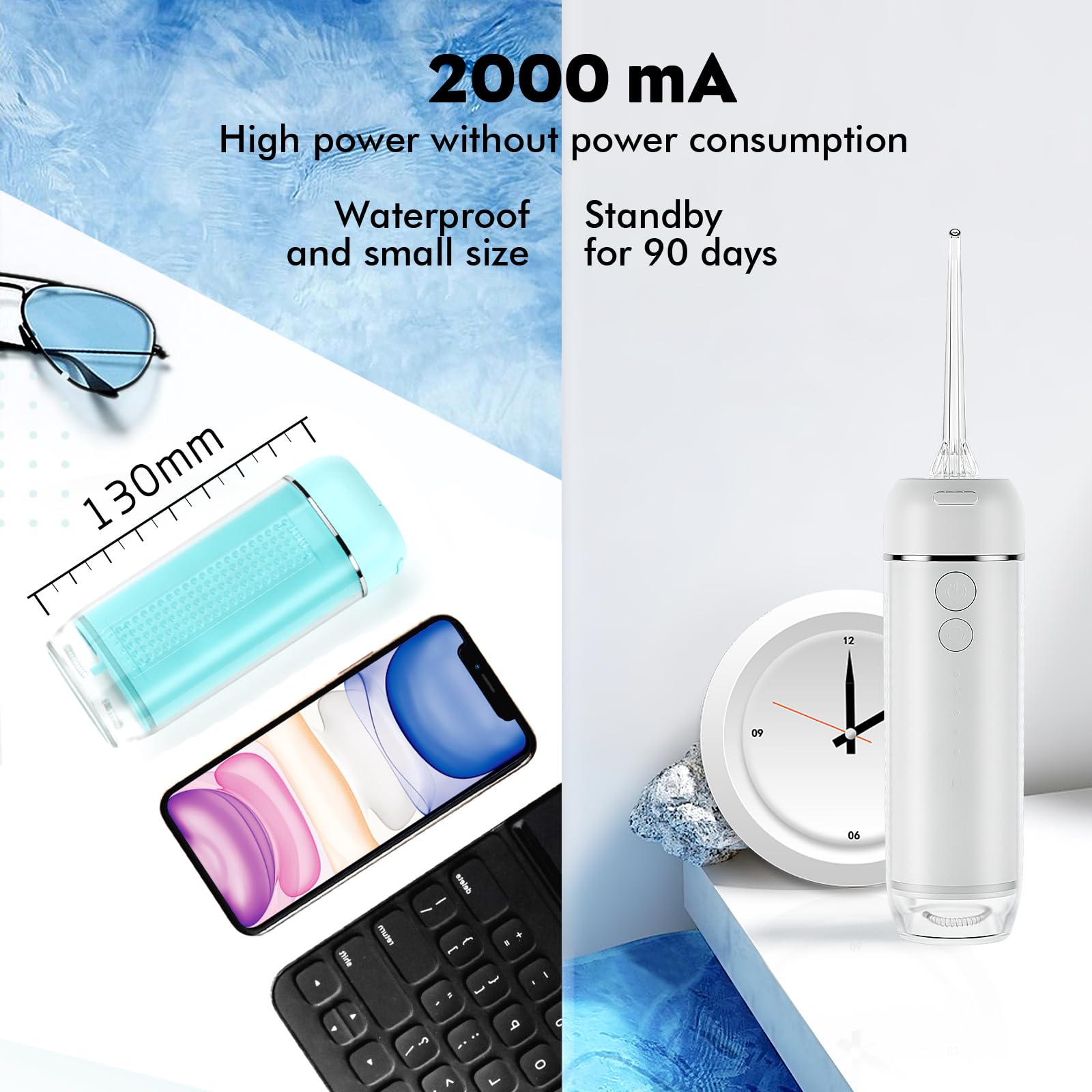 Potente irrigador dental portátil inalámbrico de agua: recargable [2000 mAh Li-ion] Irrigador bucal para viajes y hogar, limpiador de máquina grande Vol tanque telescópico 5 modos IPX7 impermeable púa