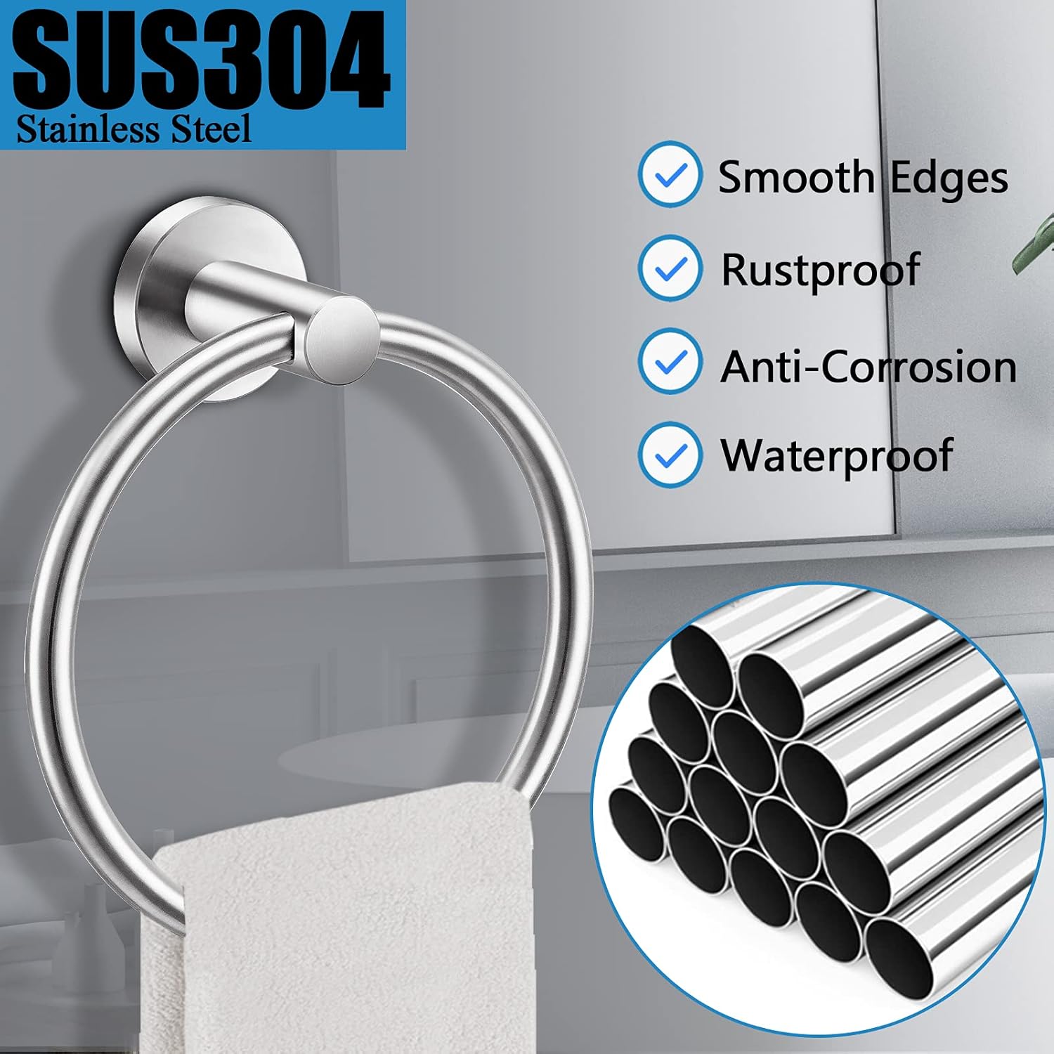 Pynsseu Hand Towel Ring, Brushed Nickel SUS 304 Stainless Steel Towel Holder Hangers, Wall Mount Towel Rack for Bathroom Kithen