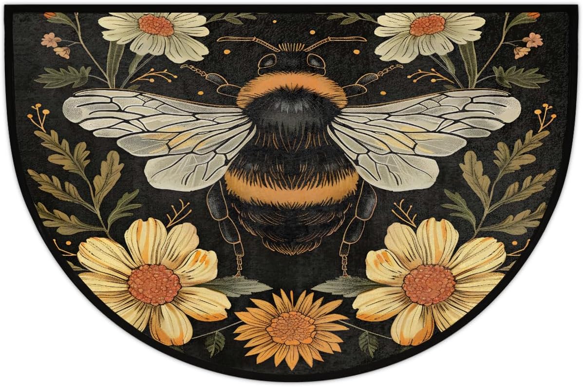 Half Round Door Mat Bee Flower Animal Non Slip Washable Semi Circle Area Rug Absorbent Soft Half Moon Rug Floor Mat for Indoor Outdoor Kitchen Bathroom Patio Front Door Mat Decor