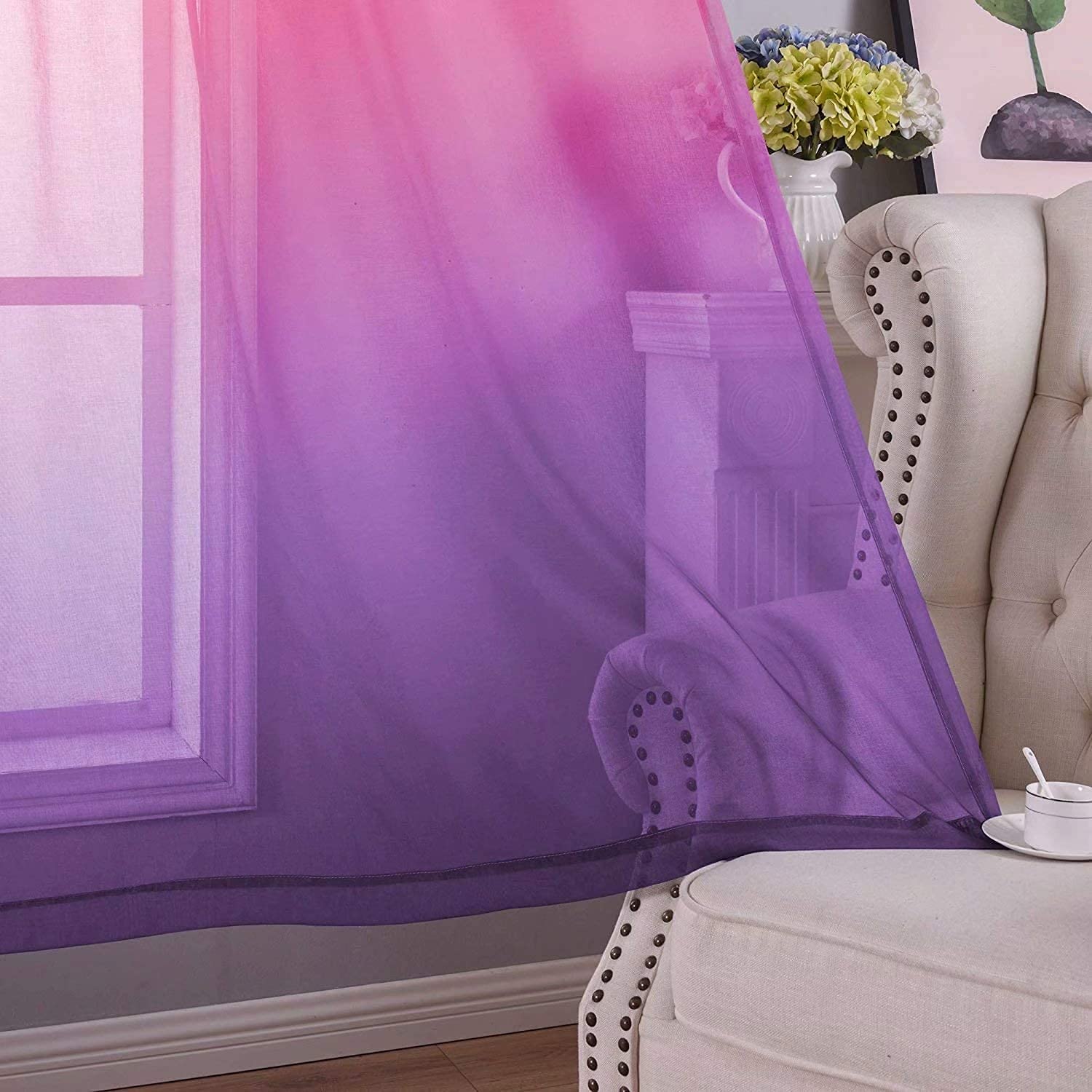 Vorhange Farbverlauf Rosa Lila 2er Set Voile Gardinen Halbtransparent Bunt Vorhänge mit Rod Tasche für Kinderzimmer Wohnzimmer Schlafzimmer,132x243