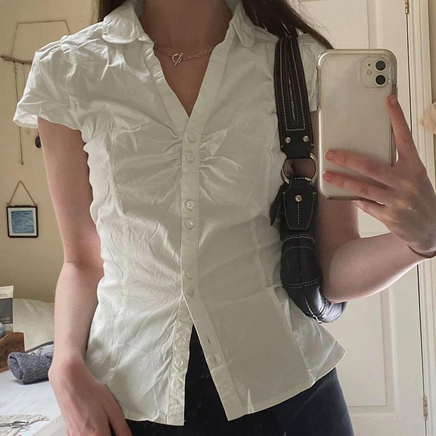 Women Y2k Short Sleeve Button Down Shirts Casual V Neck Button Up Top Vintage Slim Fit Collared Going Out Blouse - Image 3