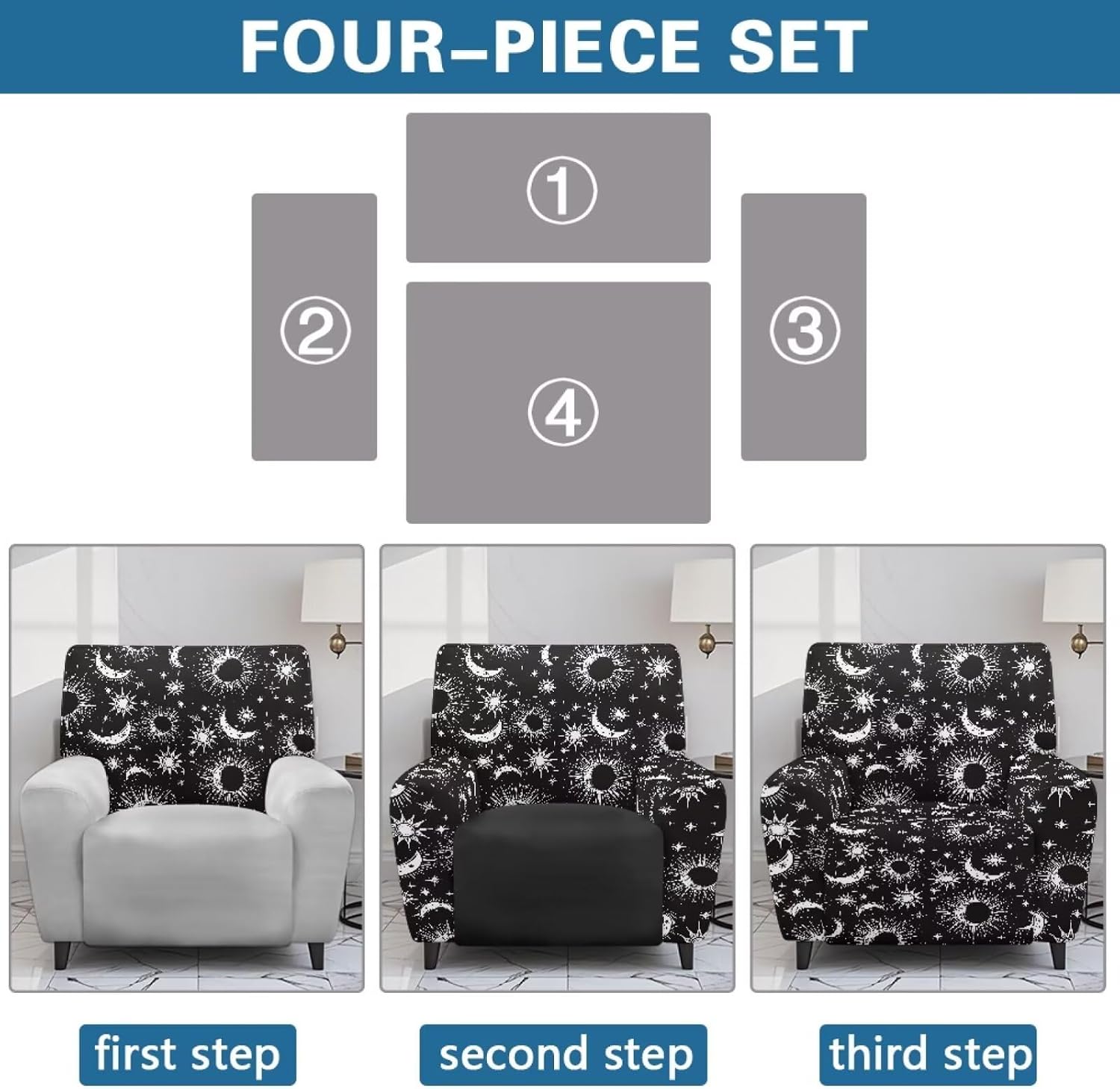 Sun and Moon Reclining Chair Covers 4 Pieces Soft Comfy Recliner Sofa Slipcovers with Pocket Easy to Install Slip Covers for Recliners with Arms Halloween Decoration