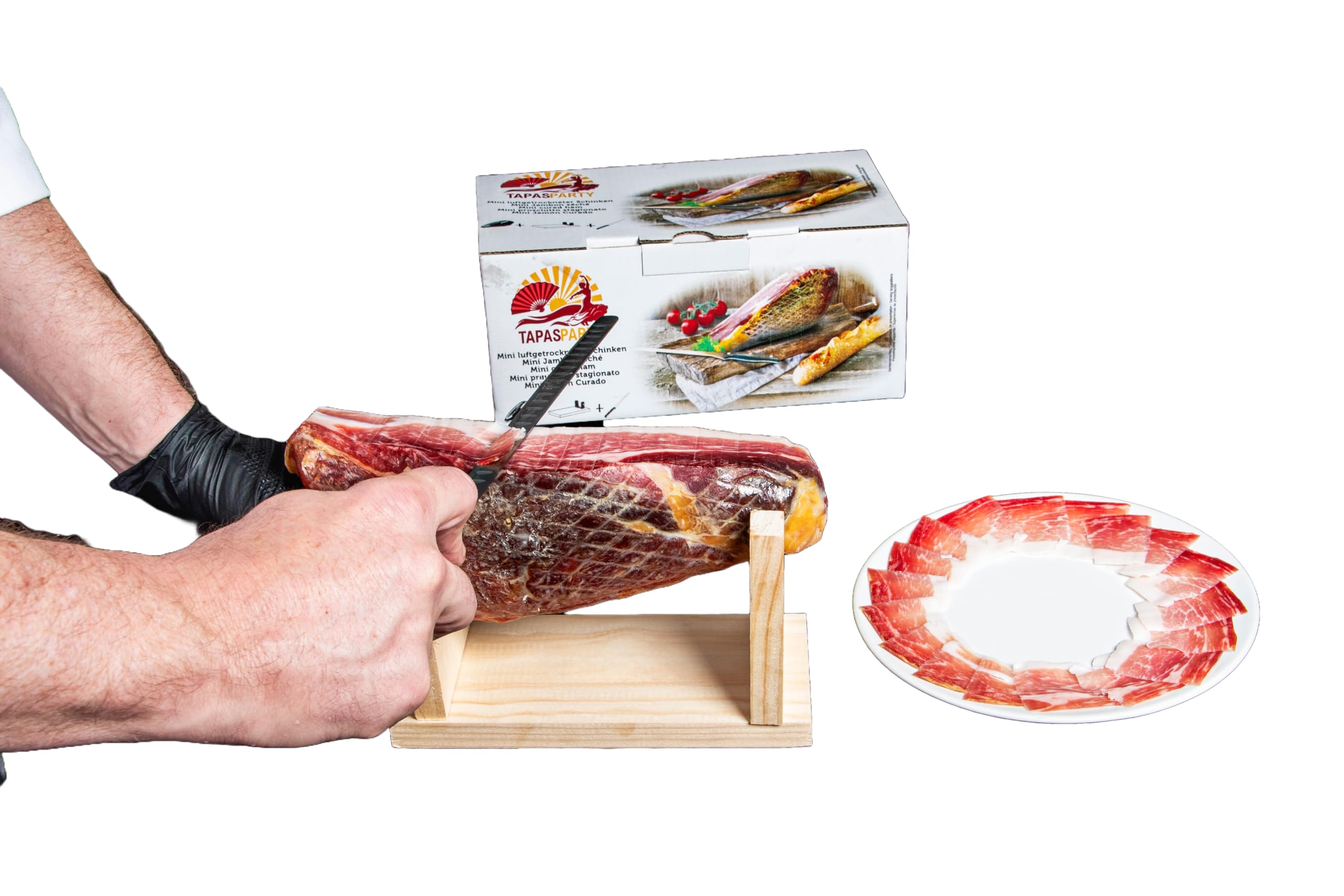 Spanisches Tapas Party Deluxe Set Mini Serrano Schinken 1kg Ständer Messer Chorizo Lomo Fuet Gourmet Geschenkkorb Feinkost