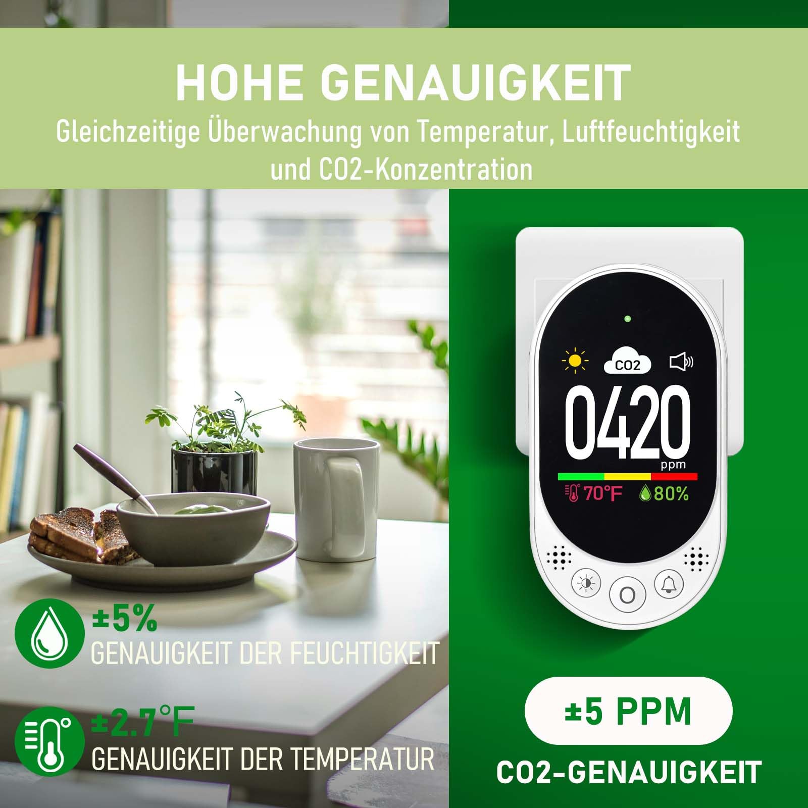 LSENLTY CO2-Messgerät 3-in-1 Temperatur Luftfeuchtigkeit CO2-Wert Alarmfunktion manuelle Kalibrierung