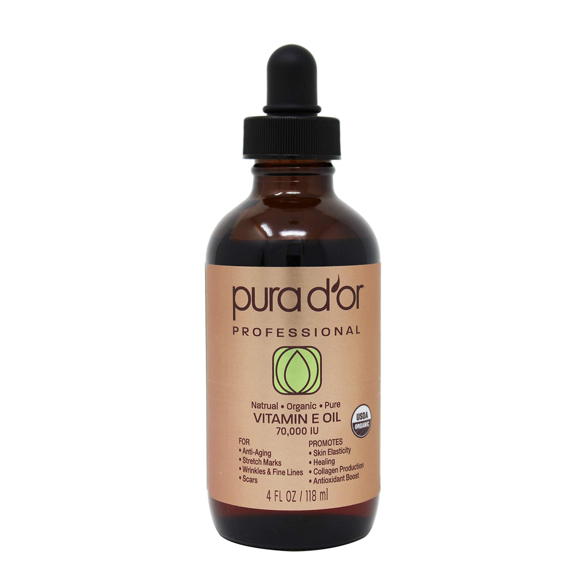 PURA D'OR Organic Vitamin E Oil (4oz / 118mL) 70,000 IU 100 Pure