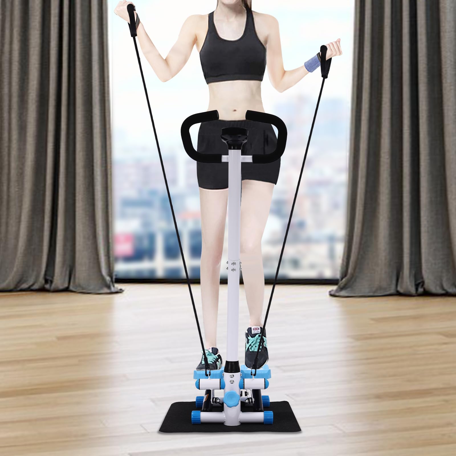 Stepper de fitness avec guidon, Swing Stepper à hauteur réglable jusqu'à 150kg, avec écran LCD et bandes de résistance, pour entraînement complet du corps à la maison/bureau