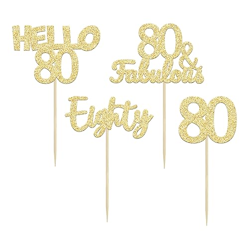 Miniatura 3 de Gyufise 24 piezas de adornos para cupcakes de 80 cumpleaños con purpurina dorada Hello 80, 80 y fabulosas selecciones para cupcakes, suministros de