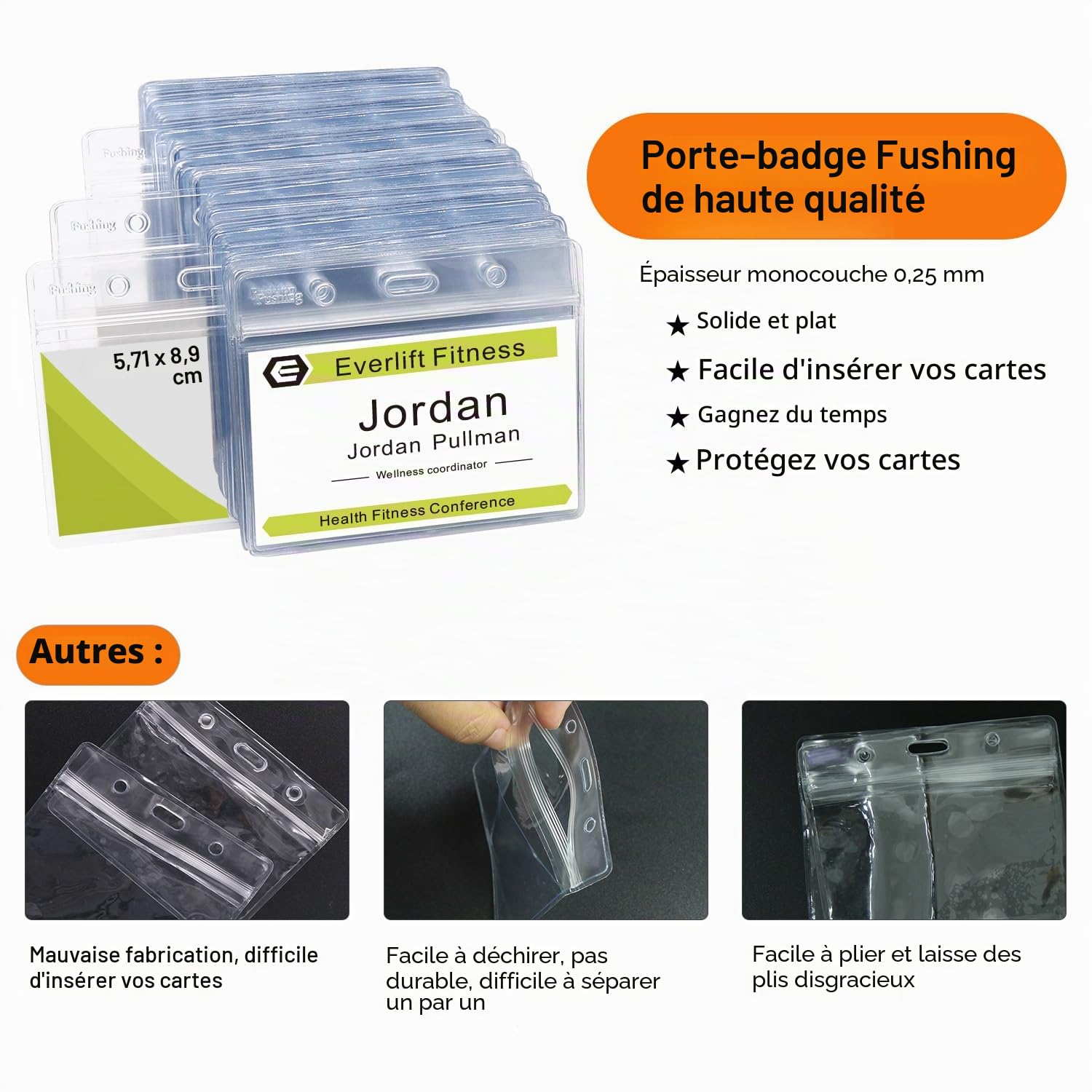 Fushing 100pcs Porte-cartes d'identité avec étiquette en plastique transparent