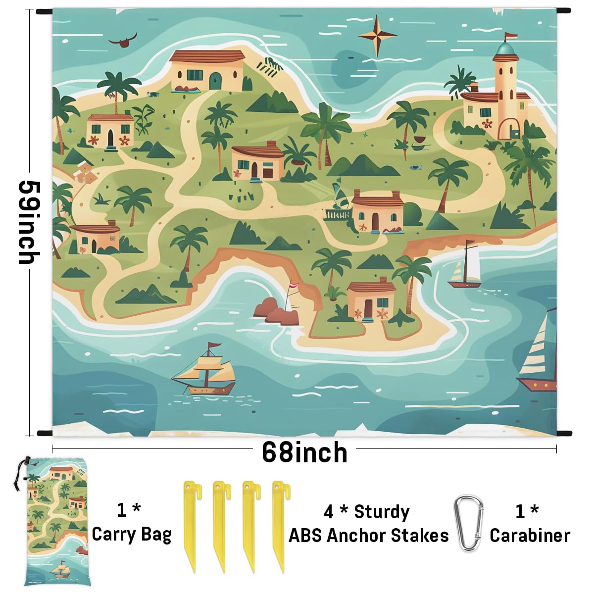 Eabrults Waterproof Sandproof Beach Blanket, 59''×68'' Route Map Polyester Outdoor Picnic Blanket with 4 Stakes & Storage Bag for Beach,Camping,Vacation Sea Green