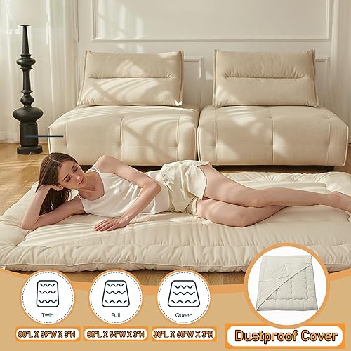 Miniatura 8 de Colchón japonés de suelo tipo futón, tamaño individual (39 x 80 pulgadas), colchón plegable de tatami, portátil, enrollable, para adultos, cama de