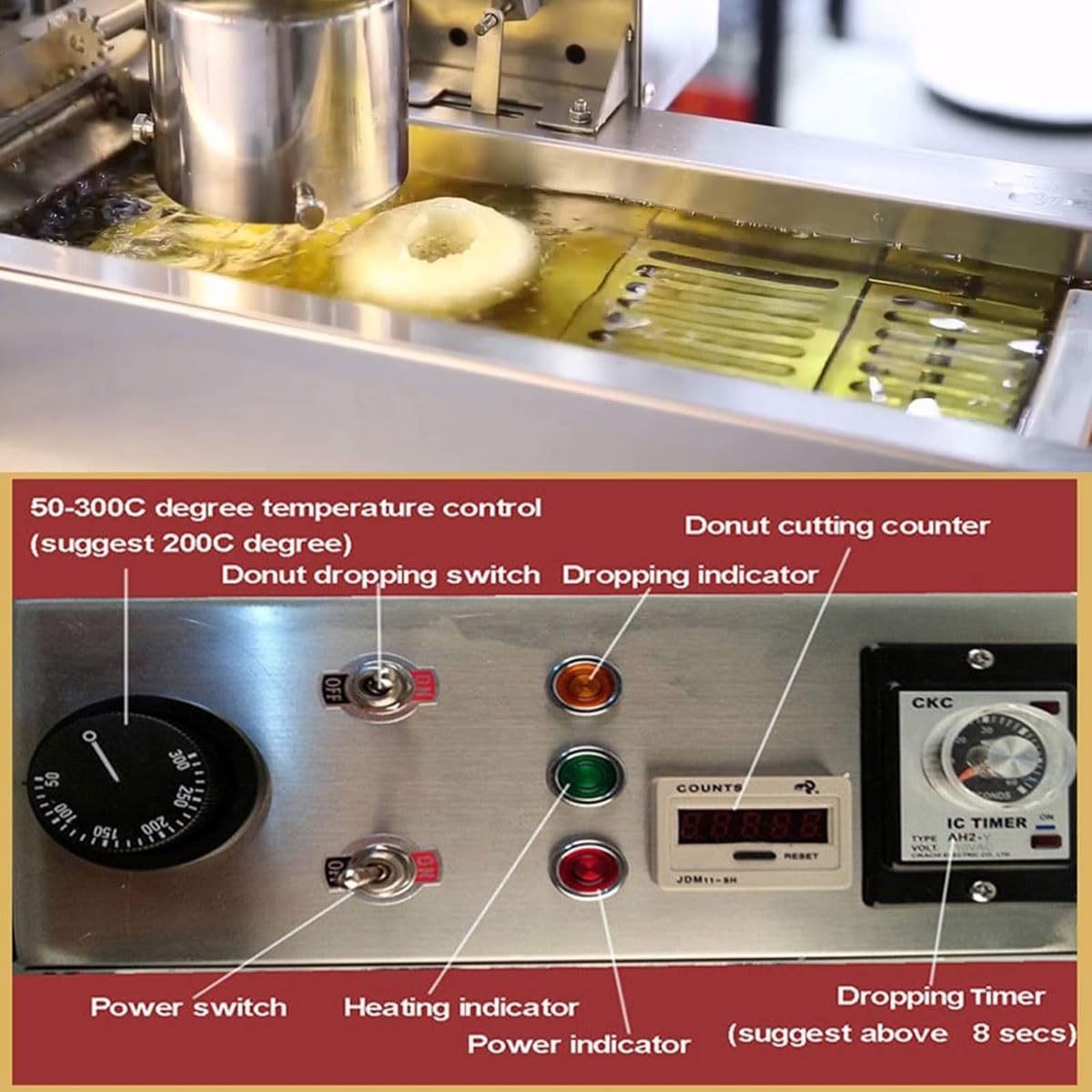 Máquina for Hacer donas comerciales,máquina Hacer donas de Acero Inoxidable con tolva de 3000 W con tolva de 7 L, máquinas automática hacers con moldes de 3 tamaños,for Tienda de postres