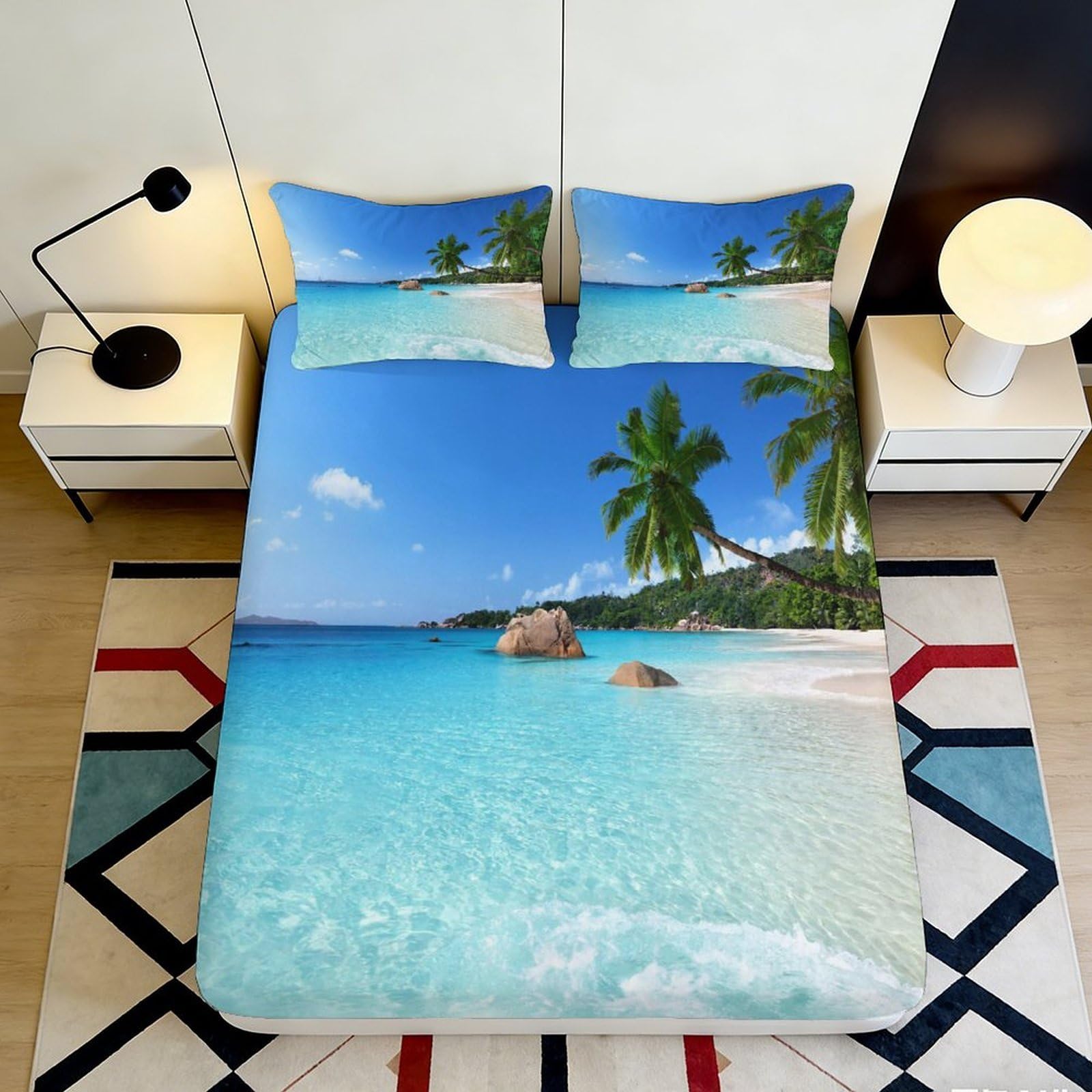3D Printed Blue Ocean Beach Fitted Sheet Microfiber Anti-Slip Tropical Palm Mattress Cover for Bedroom Guest Room Decor 200x200x25cm