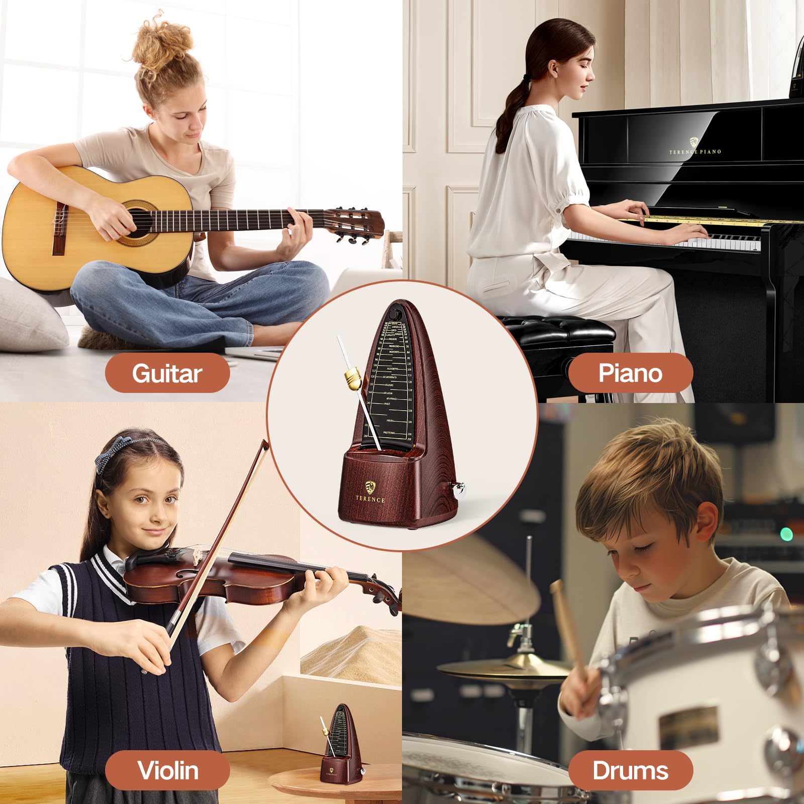 Metrónomo TERENCE Metrónomo mecánico de alta precisión con campana acentuada, tiempo preciso, duradero para piano, violín, batería, bajo, guitarra, adecuado como regalo color nuez