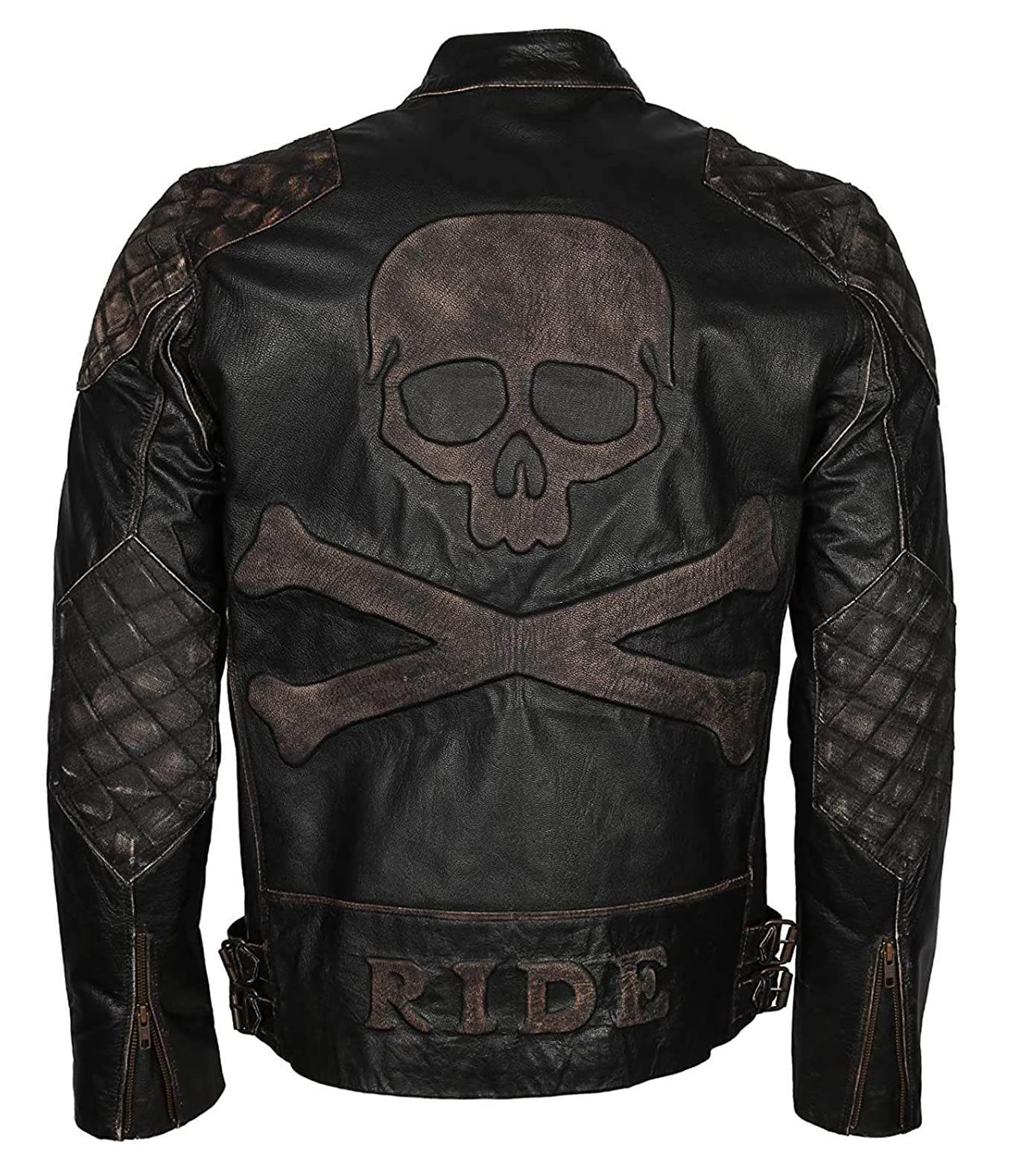 Cráneo en relieve Huesos Negro envejecido Vintage Cafe Racer Motocicleta Biker Negro Chaqueta de cuero para hombre