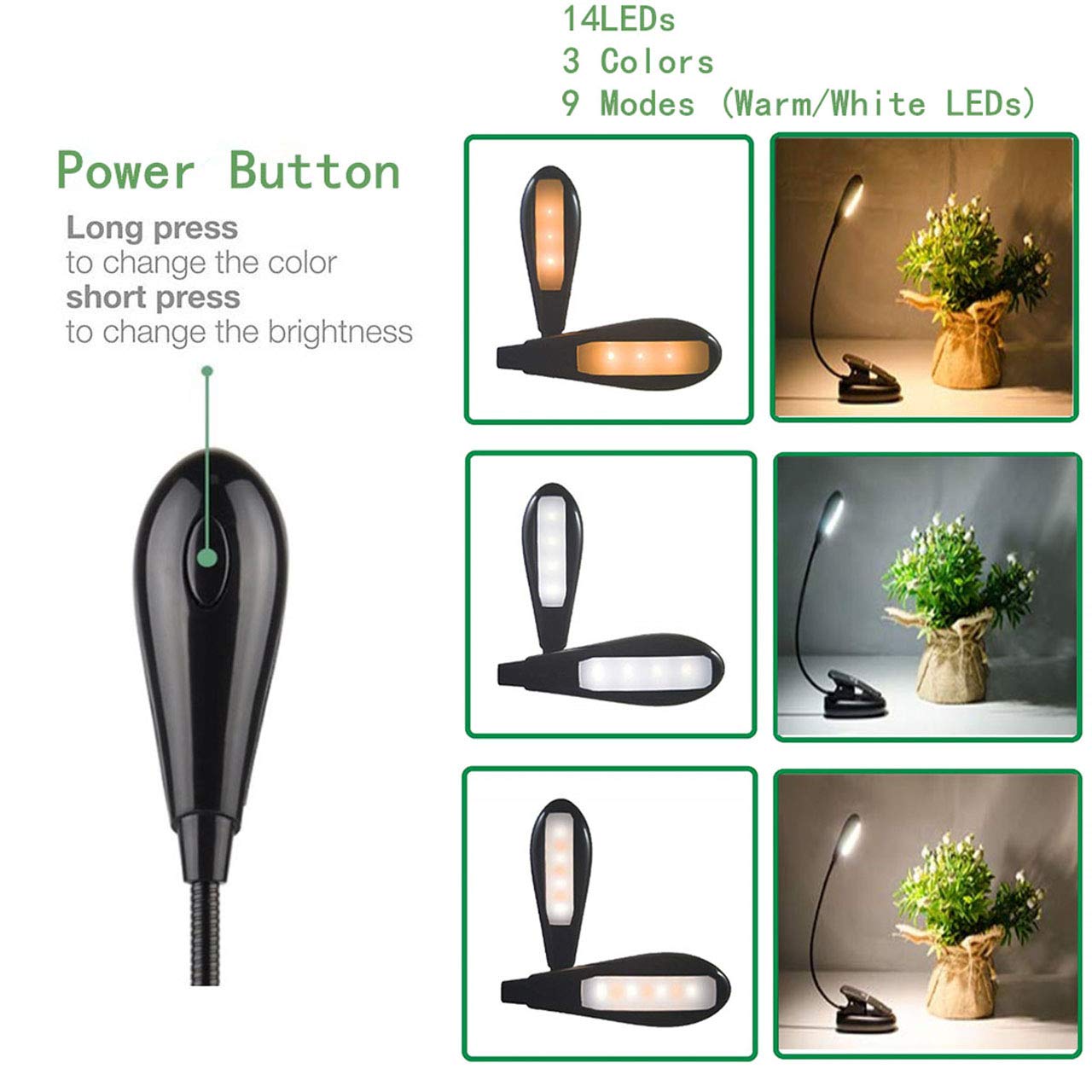 Reading Light?14 LED Rechargeable Book Light with 9 Brightness Levels, Clip On Lamp with Flexible Goose Neck,Up to 60 Hours Reading. Perfect for Music Stand,Travel