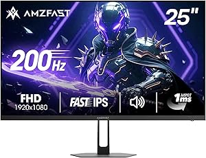Amzfast 24.5″ Gaming Monitor, 1920×1080 FHD, 200Hz, 1ms MPRT, Fast IPS, Adaptive Sync, HDR, TÜV Low Blue Light, 4:3 Scaling, Built-in Speakers, 5-Way Joystick, VESA 75x75mm, HDMI2.0&DP1.4, AMZG25X1