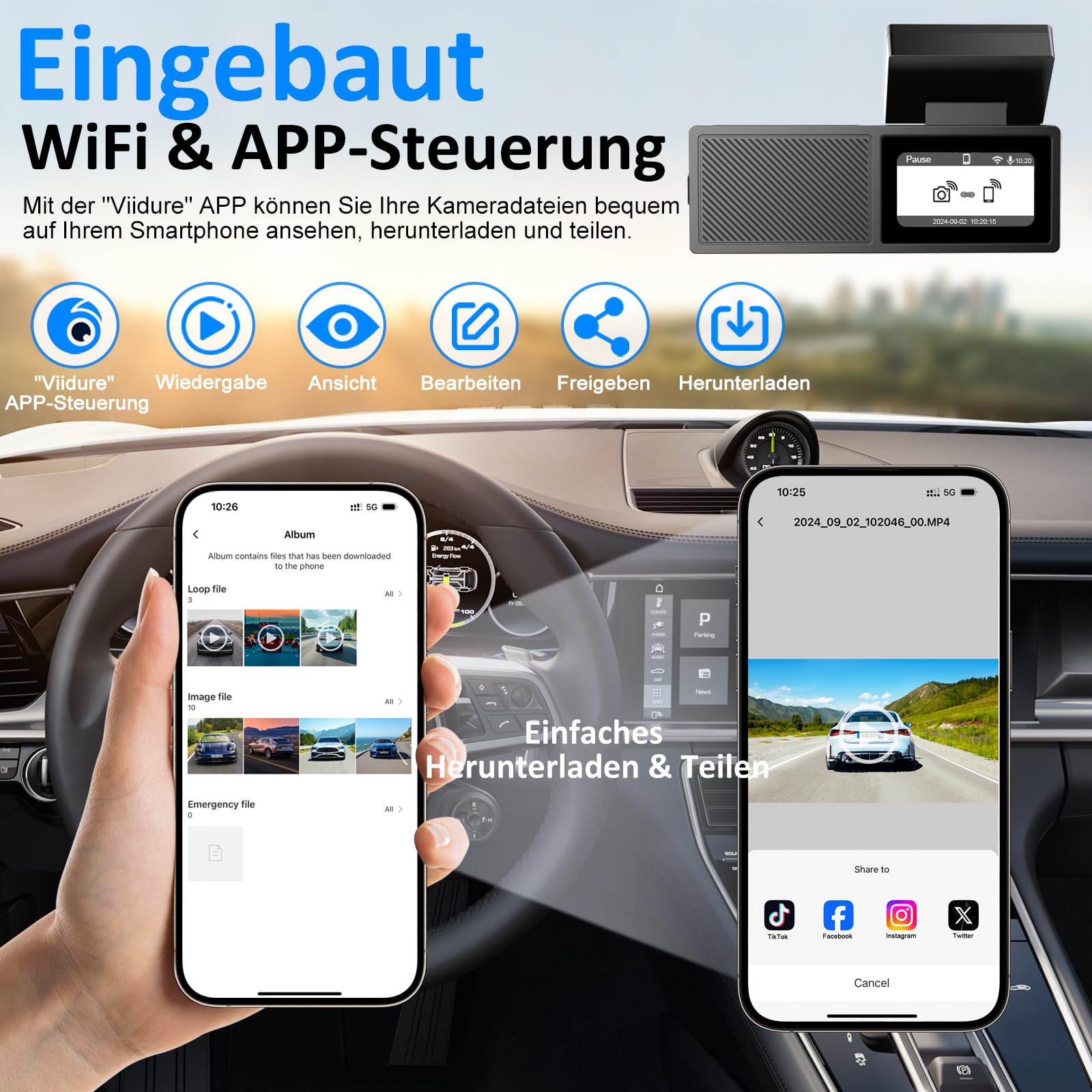 Dash Cam Car Front 2K with WiFi Dashcam Auto with 64GB Card,Super Night Vision,WDR, 170° Wide Angle,G-Sensor, Loop Recording,App Control,IPS Screen,24 Hours Parking Mode and Motion Detection