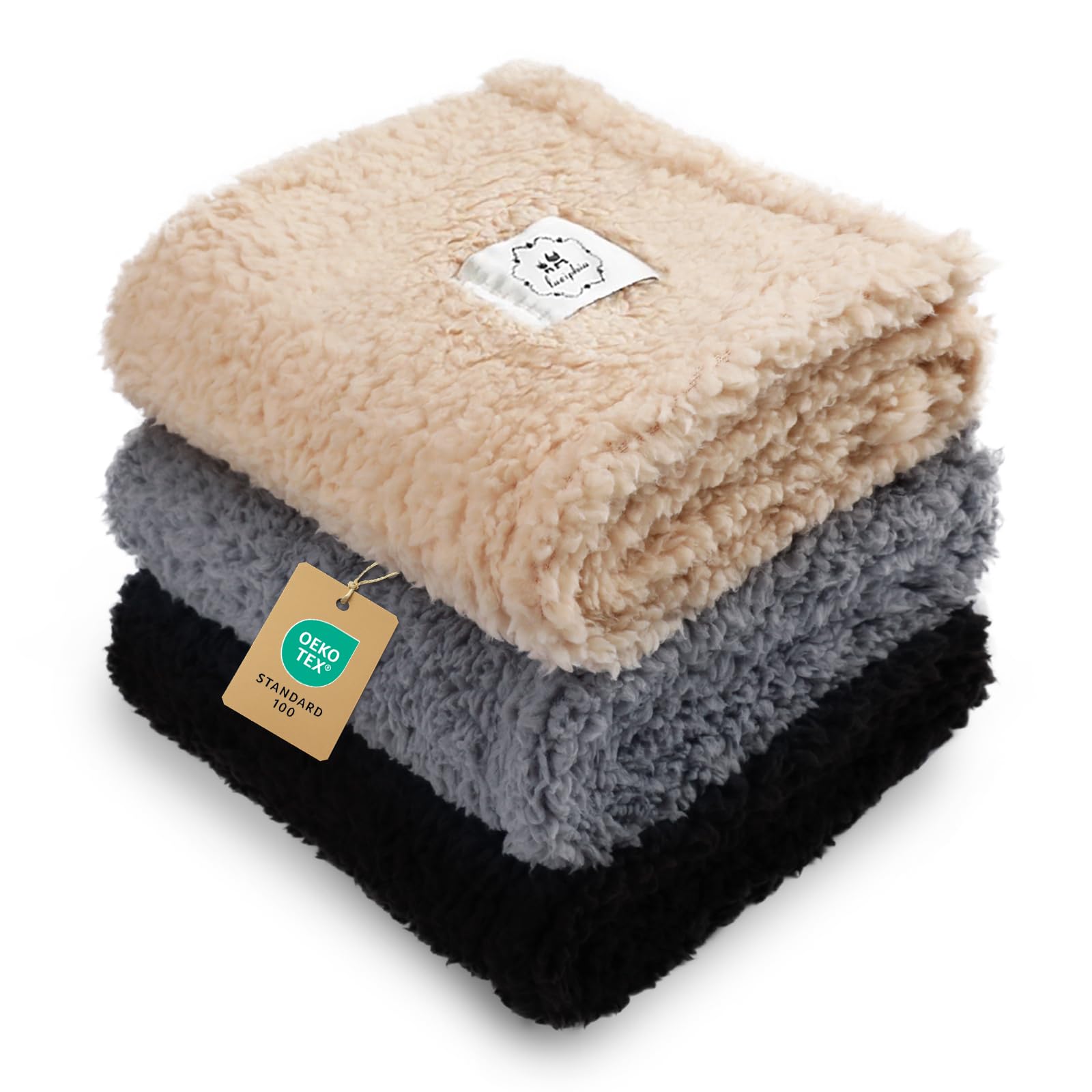 1 Pack 3 Calming Blankets Fluffy Premium Fleece Pet Blanket Soft Sherpa Throw for Dog Puppy Cat Beige/Black/Grey Medium (30" x20'')