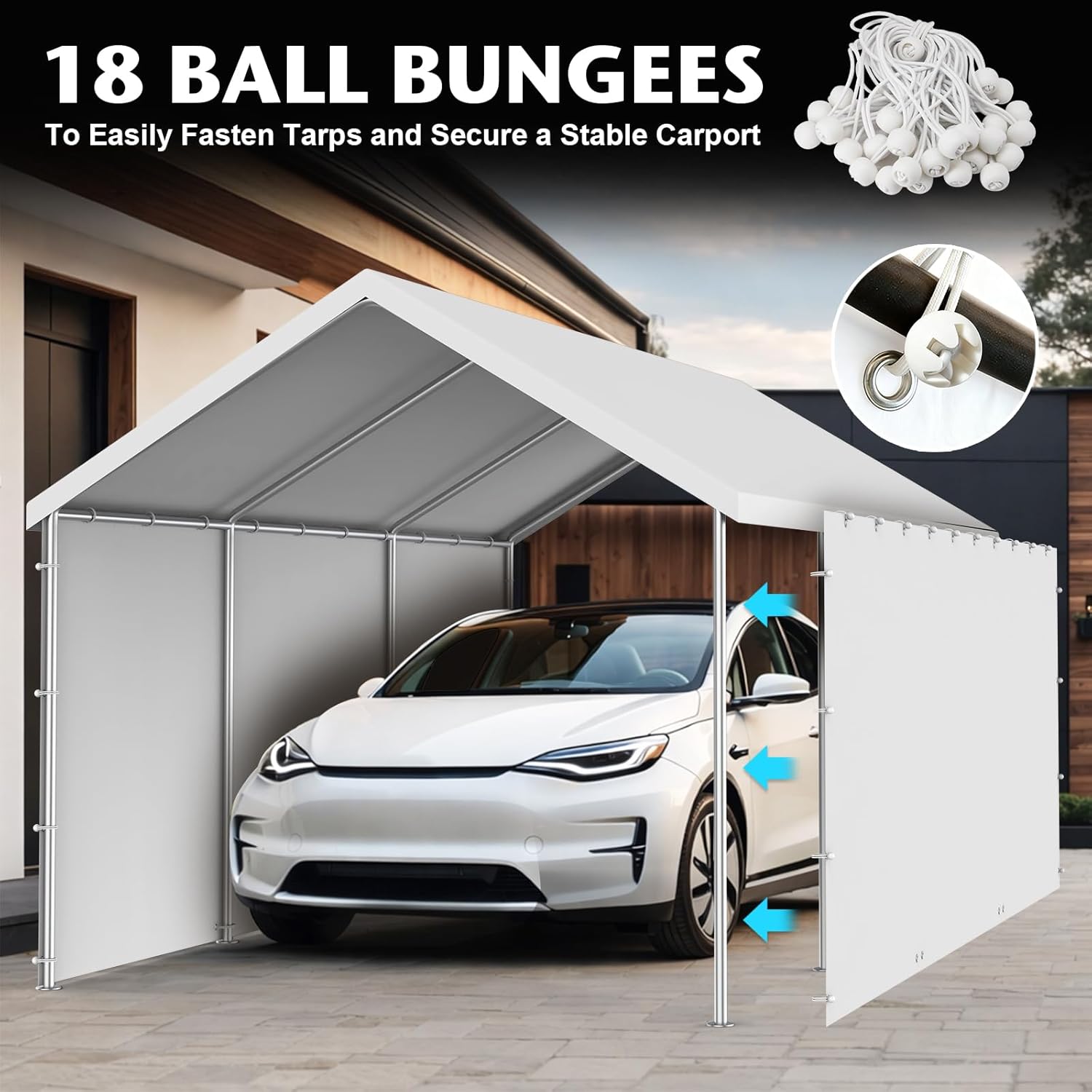 Carport Replacement Canopy Sidewall 20x6.6FT Fits 10x20,12x20,13x20,20x20FT Carport, Waterproof & UV Protected, with Ball Bungees (Only Sidewall, Frame Not Include) (White, Sidewall 1 Pack)