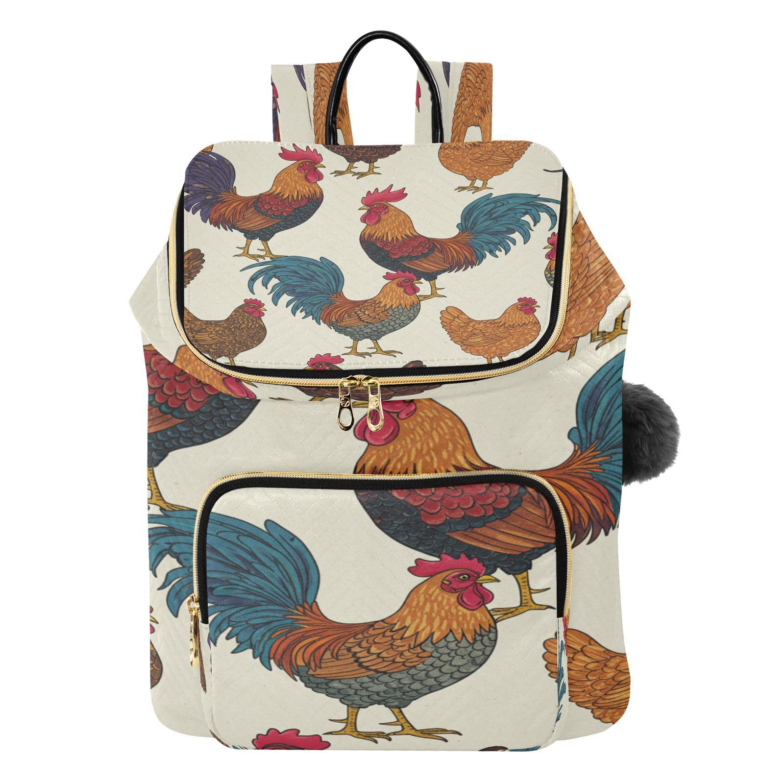 Mnsruu Gesteppter Rucksack für Damen, Hahn Huhn, Reise-Laptop-Tasche mit Gepäckgurt und versteckten Taschen, leicht, lässig, Arbeit, College, Tagesrucksack (29 × 17 × 36 cm)