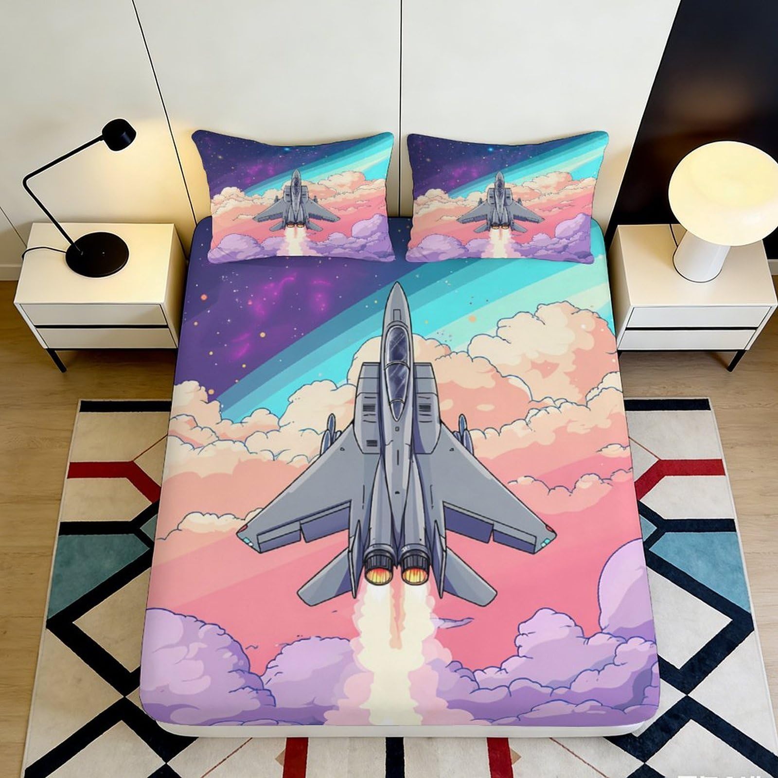 3D Printed Jet Fighter Fitted Sheet Microfiber Soft Breathable Sunset Cloud Mattress Cover for Bedroom Dorm Home Decor 140x200x25cm