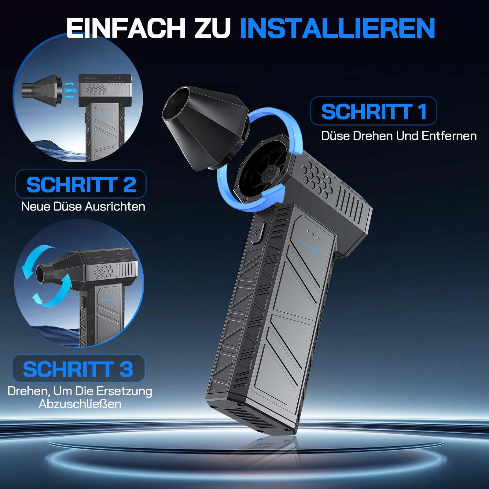 WOLFANG Electric Air Duster-110000RPM Super Power Cordless Air Duster, 3-Gang Mini-Gebläse Elektrische Staubgebläse mit Akku Ultraleise Druckluft für Computer, Tastatur, Haus, Outdoor und Auto
