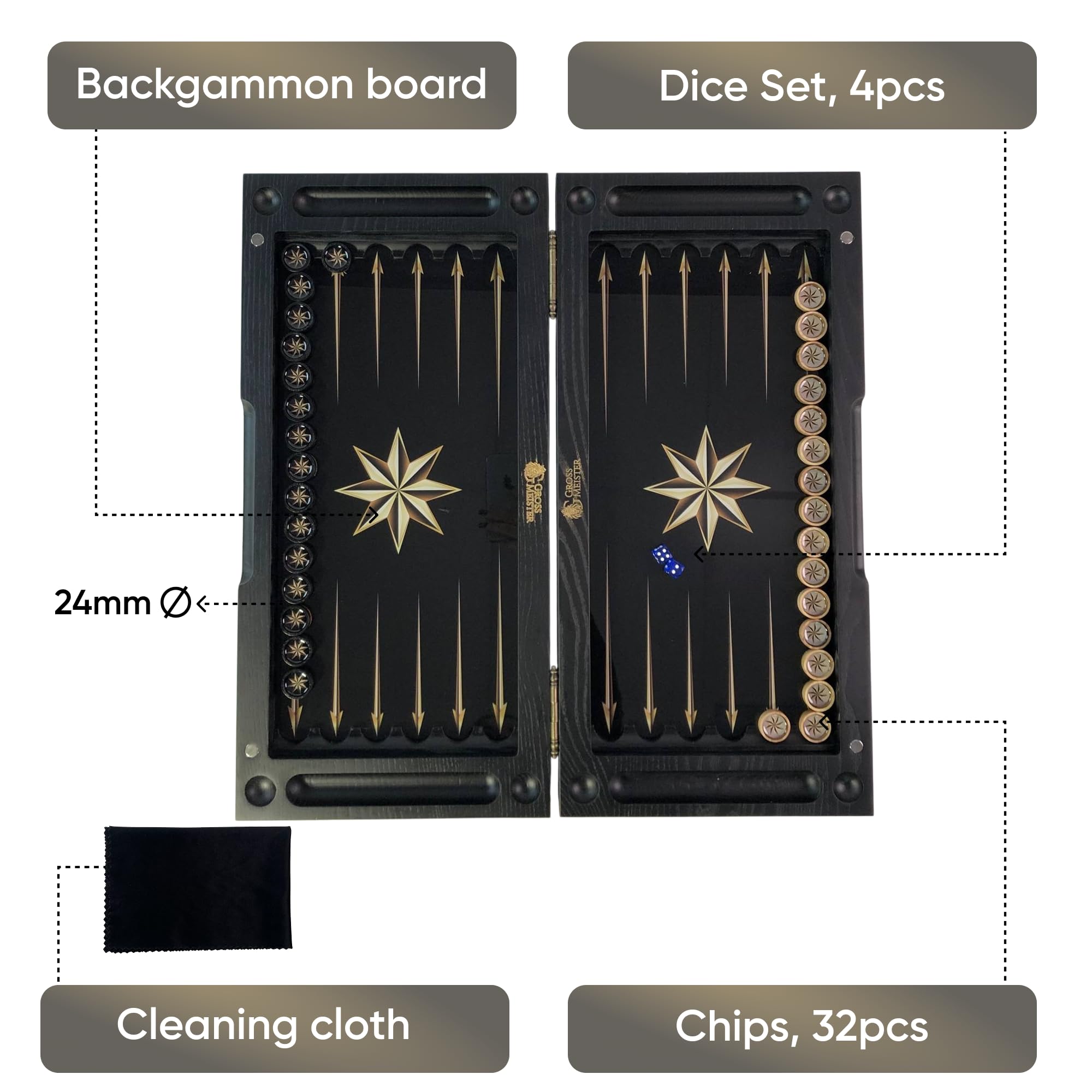 Szlachetna gra w backgammon z drewna – ręcznie wykonany zestaw 50 cm ze szklaną powierzchnią do zabawy z nadrukiem UV – unikalny motyw gwiazdy – łącznie z 30 designerskimi kamieniami do gry i kostkami