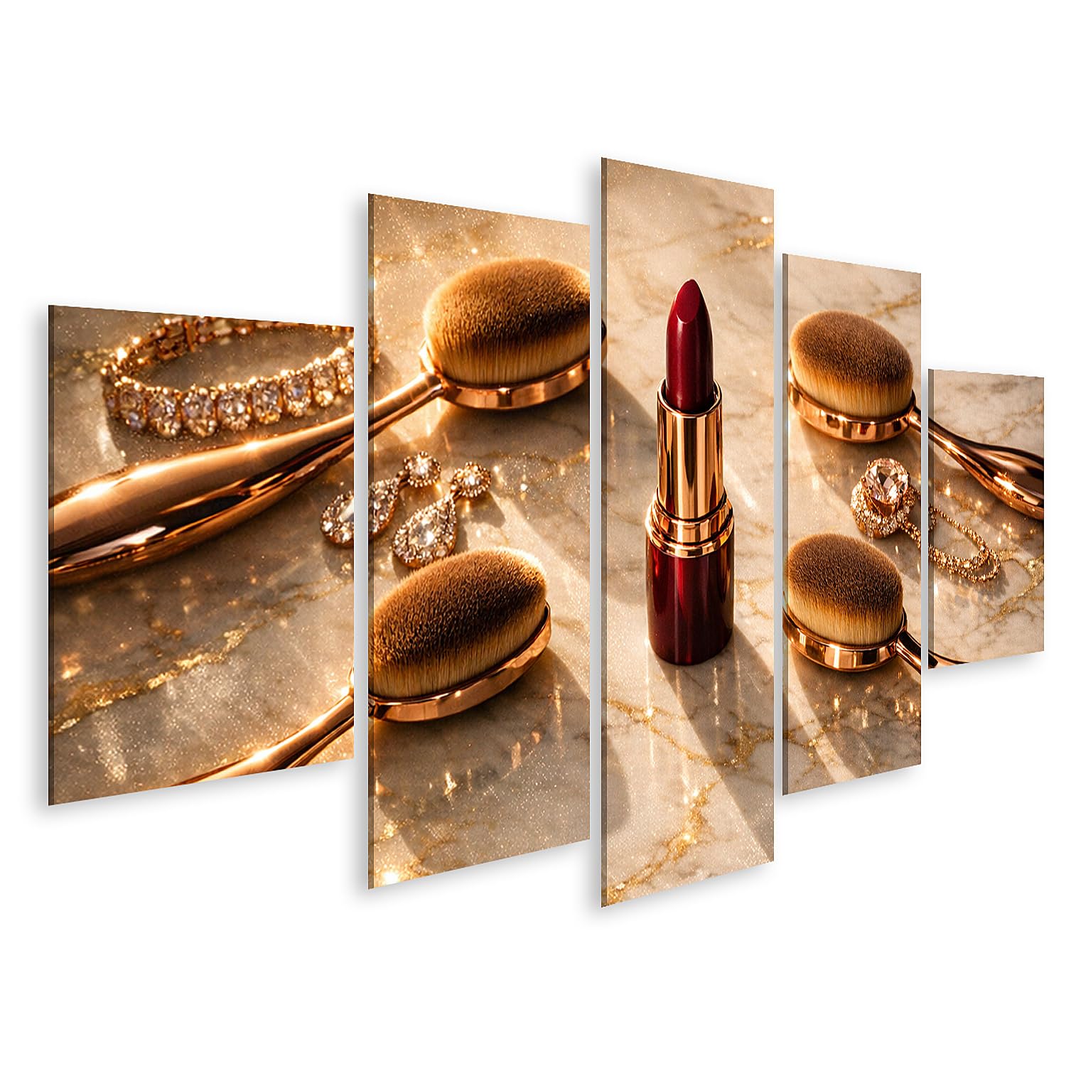 islandburner Bild auf Leinwand Eleganter Lippenstift mit Make-up-Pinseln und Schmuck auf Marmor - 5-teilig