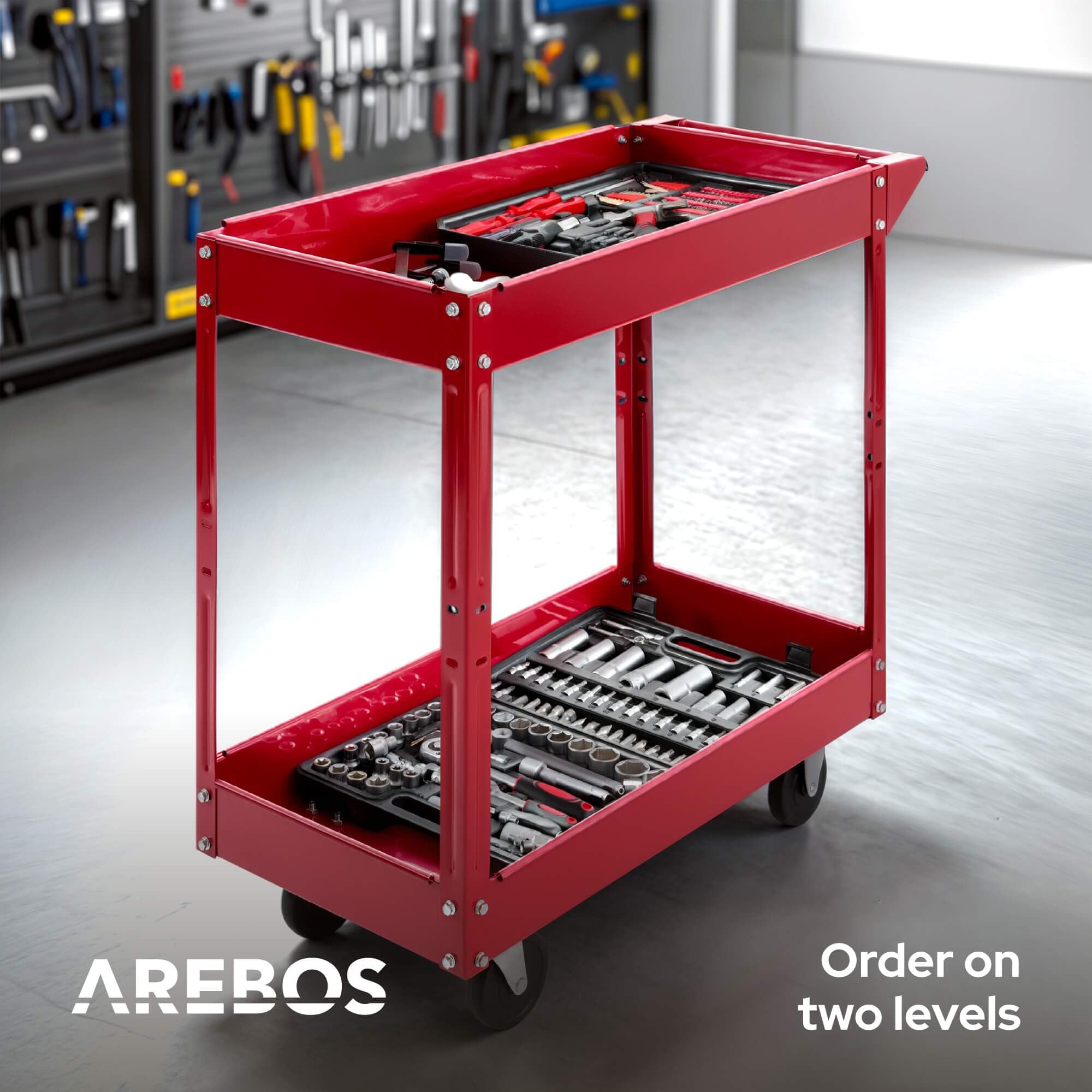 Arebos Set da 2 Carrelli da Officina | Portautensili con 2 Ripiani | Struttura in Acciaio Robusta | Portata fino a 100 kg | Carrello Mobile per Officina, Garage e Fai da Te