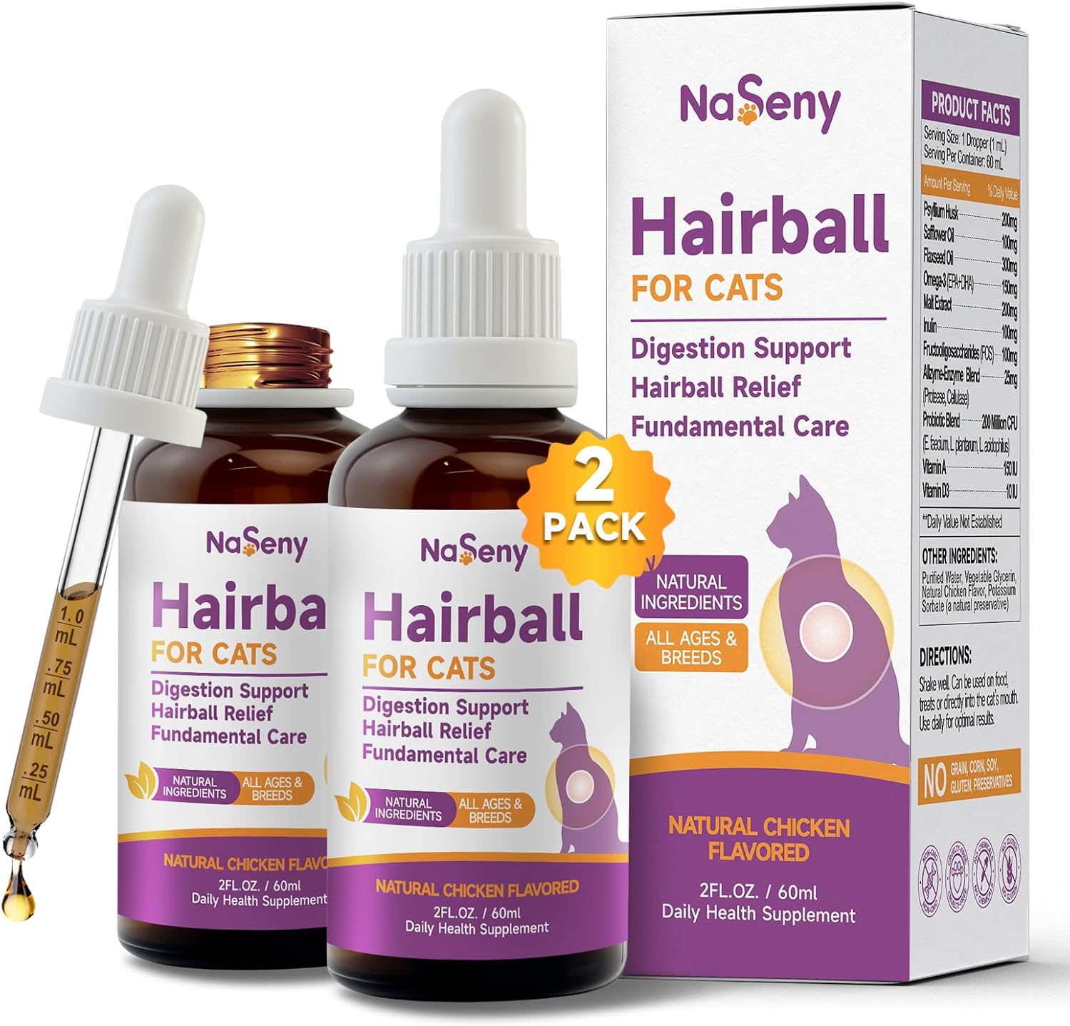 Cat Hairball Remedy - 2 Pack Hairball Treatment for Cats - Digestive Support & Healthy Skin Coat, Furball Control with Psyllium Husk, Flaxseed, Omega-3, Enzyme, Vitamin - Chicken Flavor
