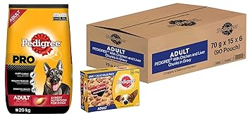 Pedigree PRO Expert Nutrition Active Adult Large Breed Dog (18 Months Onwards) Dry Pellet Dog Food, Chicken, 20kg Pack & Pedigree Adult Wet Dog Food, Chicken & Liver Chunks in Gravy, 70 g (Pack of 90)