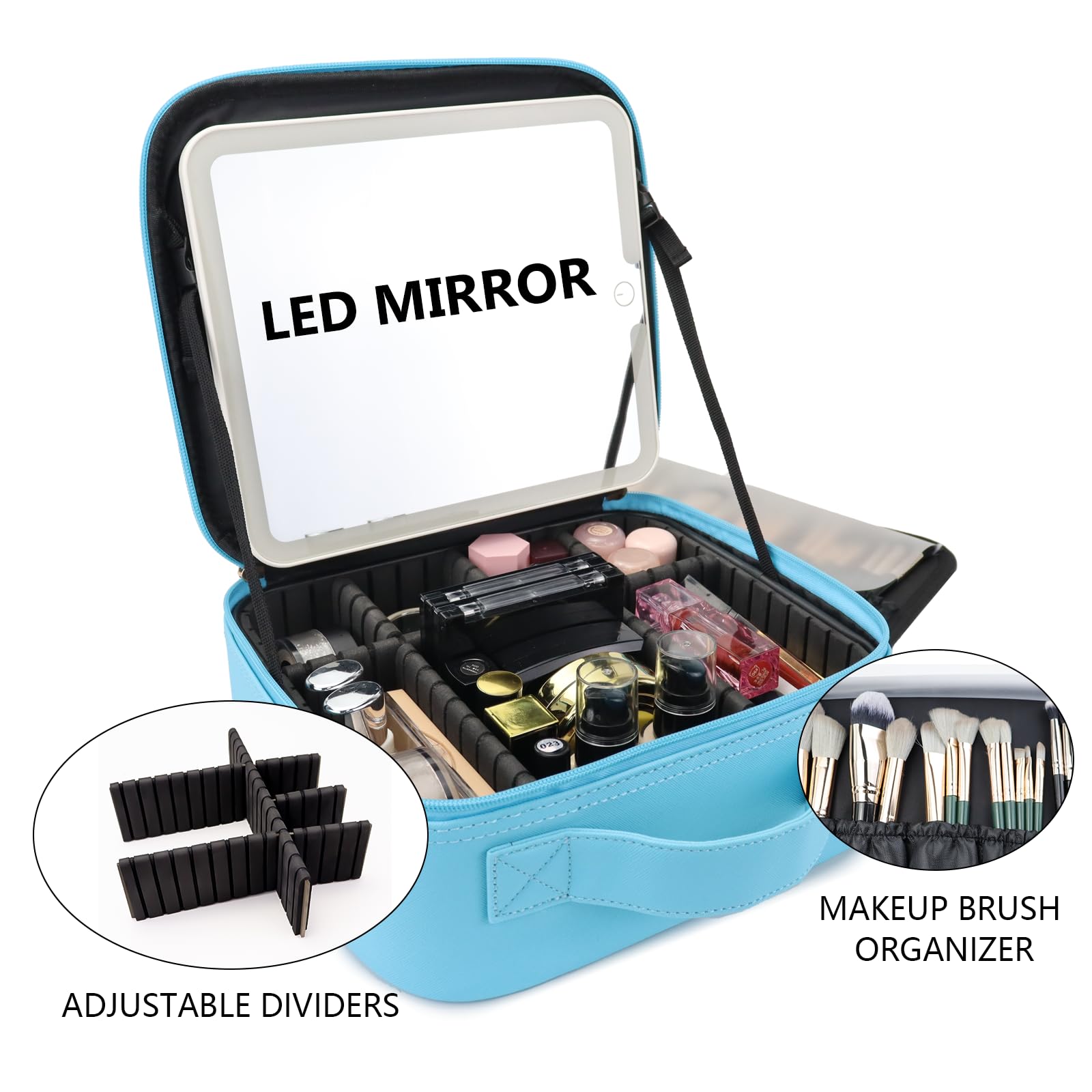 Make-up-Tasche mit LED-Spiegel, Reise-Make-up-Organizer mit 3 beleuchteten Einstellungen, verstellbaren Trennwänden und Make-up-Pinsel-Aufbewahrung, 8-blau