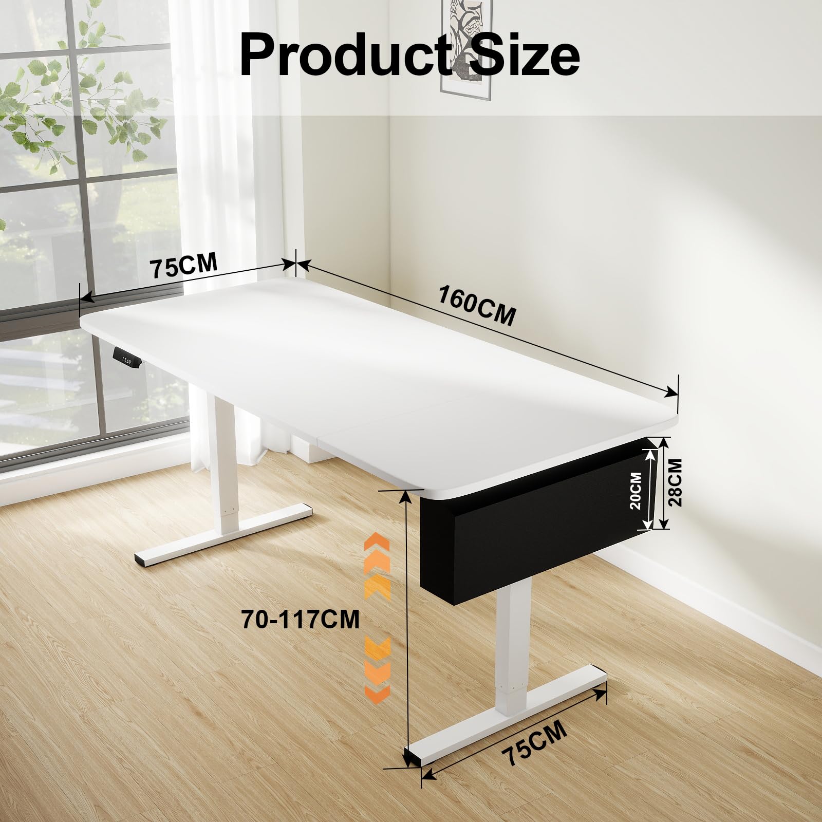 Schreibtisch Höhenverstellbarer Elektrisch, 160 x 80cm, Computertische mit Memory-Steuerung, Ergonomic Standing Desk, Mit Haken und Aufbewahrungstasche, Bürotisch, Weiß