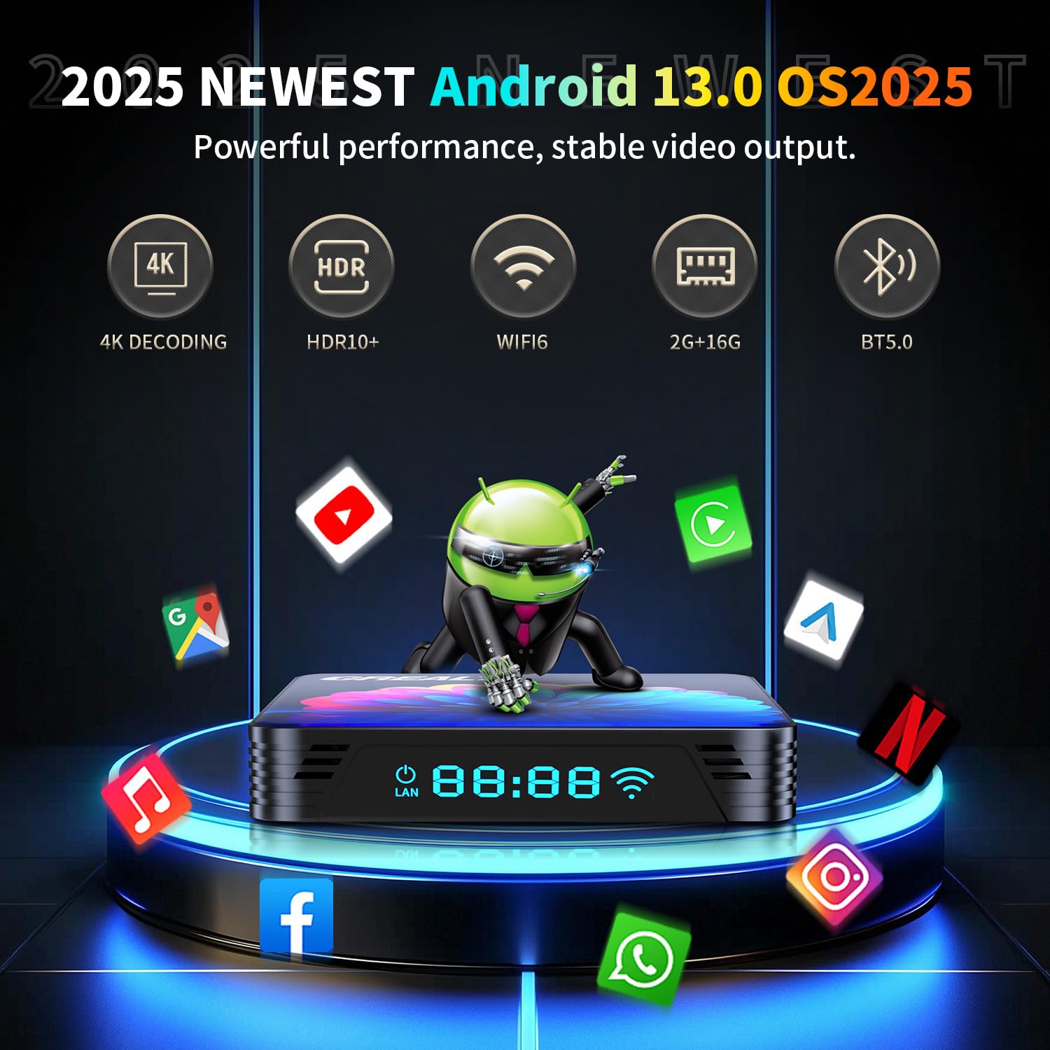 RUPA Android TV Box 13.0, 2025 8K Neueste TV Box mit RAM 4GB ROM 64GB WiFi6 Enternet 10/100M Bluetooth 5.0 USB3.0 Unterstützt 3D HD Cast Screen Android Box