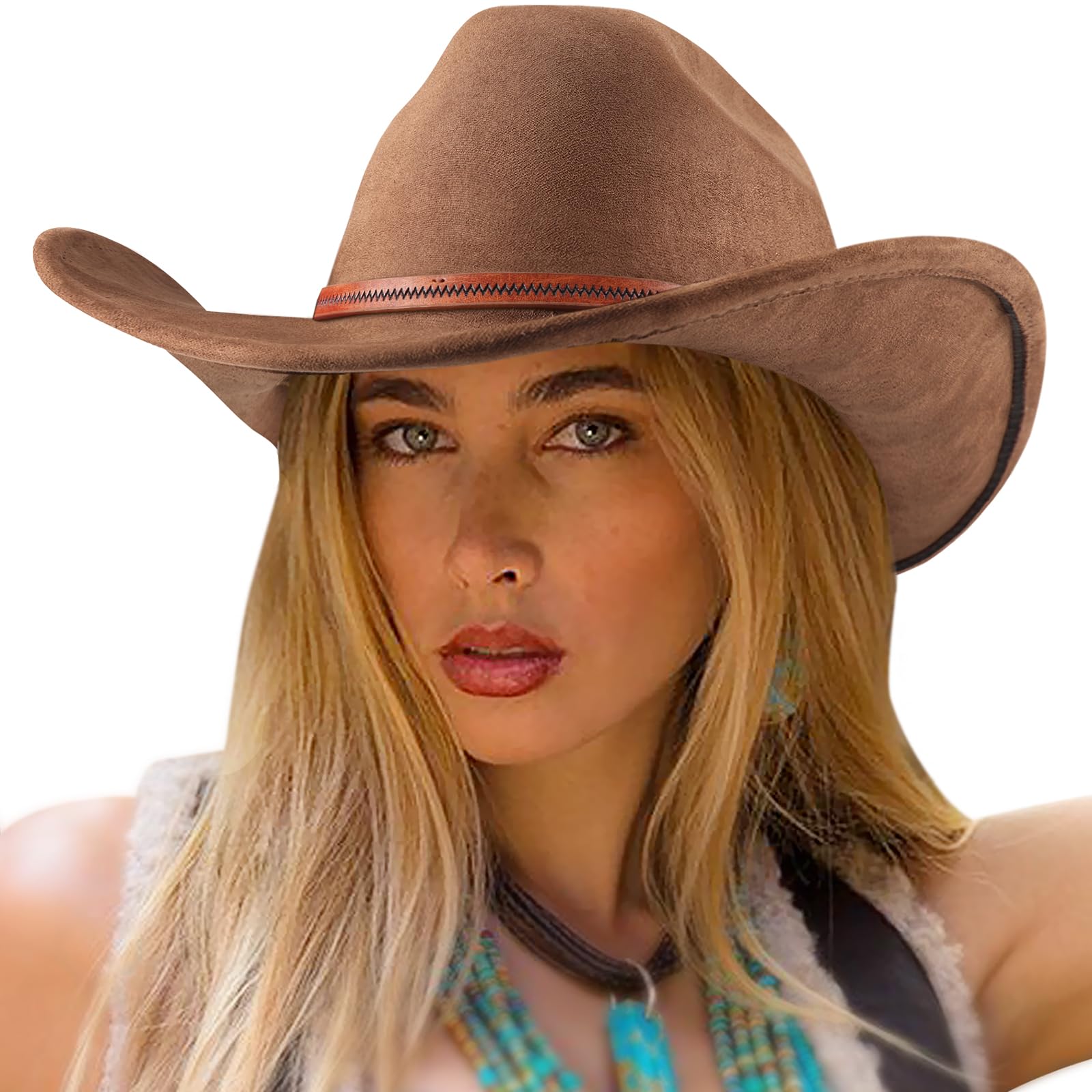 Dreshow Women's 1 Pc Fedora Hat: 73-W-Brown Cowboy Hat For And Men Cattleman Western Cowboy Cowgirl Hats Outdoor Wide Brim With Belt Buckle Unisex Rolled Up Caps