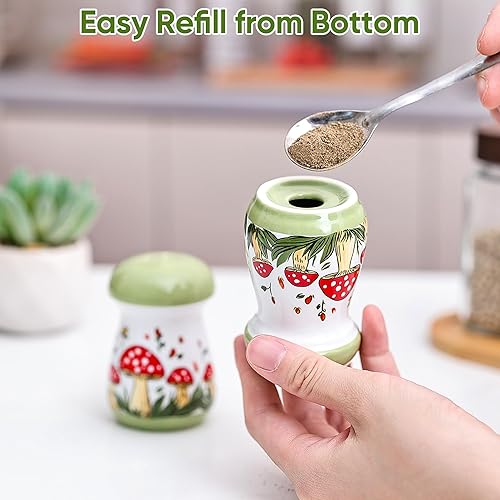 Miniatura 2 de Juego de salero y pimentero de cerámica con hongos, decoración de cocina caprichosa, recipientes de especias pintados a mano para mesa y encimera