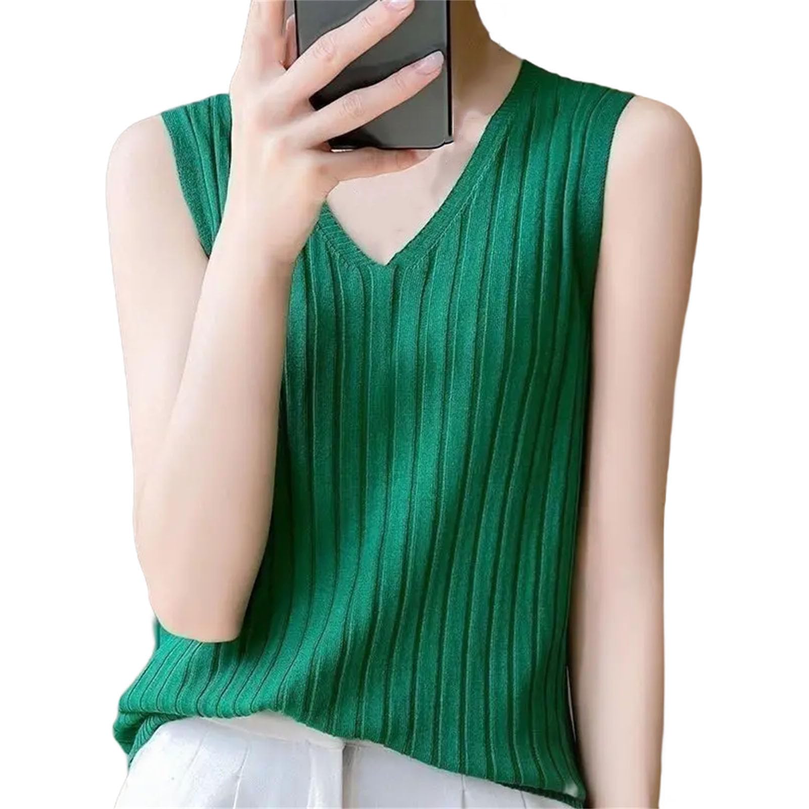Camiseta sin mangas de seda de hielo para mujer, cuello en V, holgada