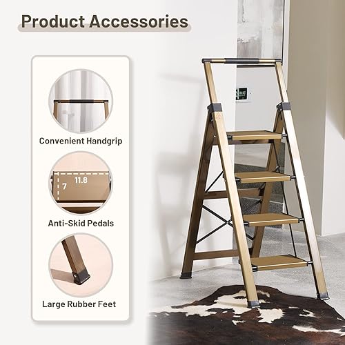 Miniatura 29 de XinSunho Escalera de 3 escalones, taburete de aluminio de 3 escalones con pasamanos retráctiles y pedal ancho antideslizante, escaleras plegables