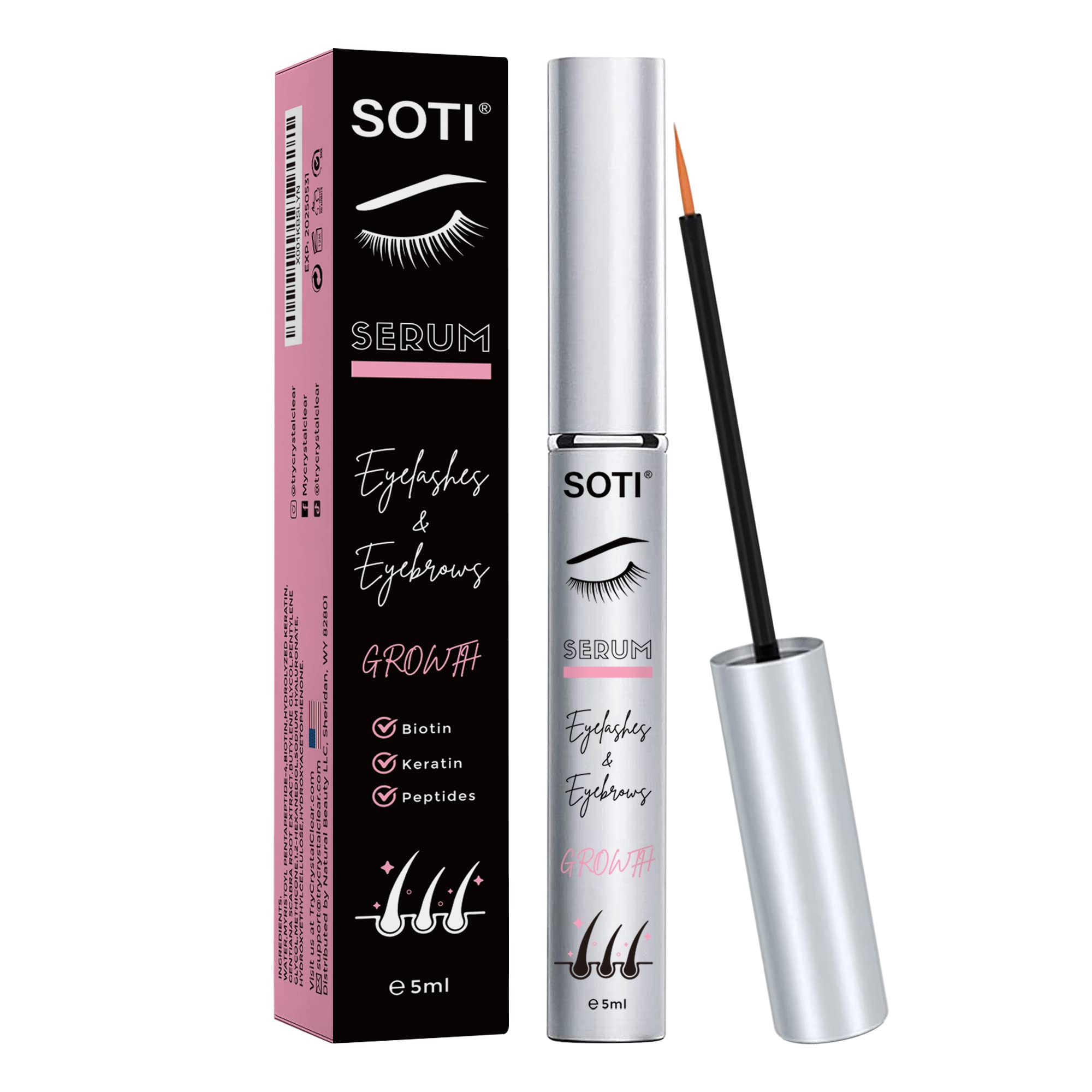 Soti Eyelashes and Eyebrows Growth Serum, Dermatologists Developed Formula with Peptides, Keratin and Biotin. Made in USA! (2ml)