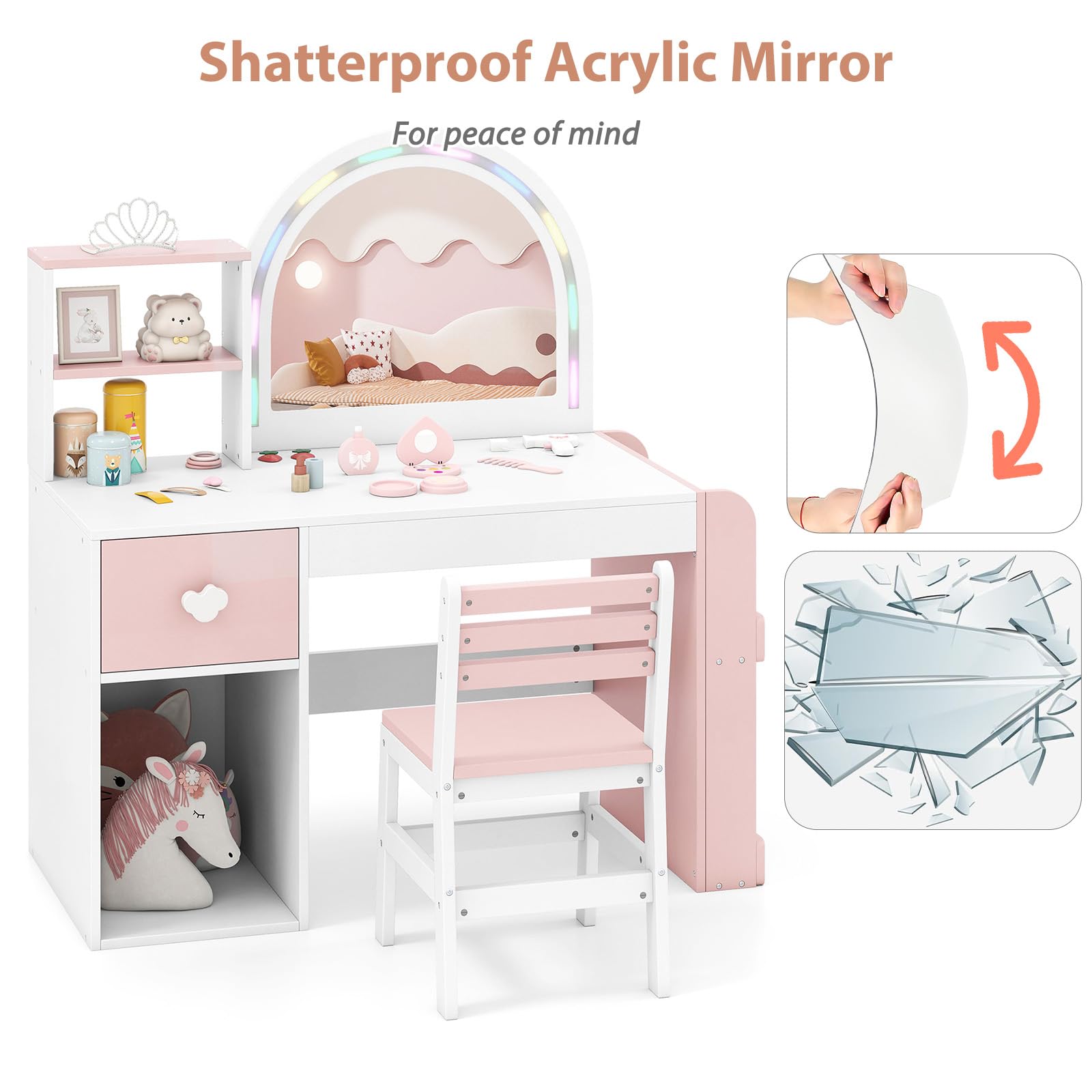 LIFEZEAL Tavolo da Toeletta con Specchio, Luci (bianco+rosa) | Set da Toeletta con Sgabello, 1 Cassetto, Scomparti Aperti, Mensola Laterali, Accessori, per Cameretta, per Bambina 3+Anni
