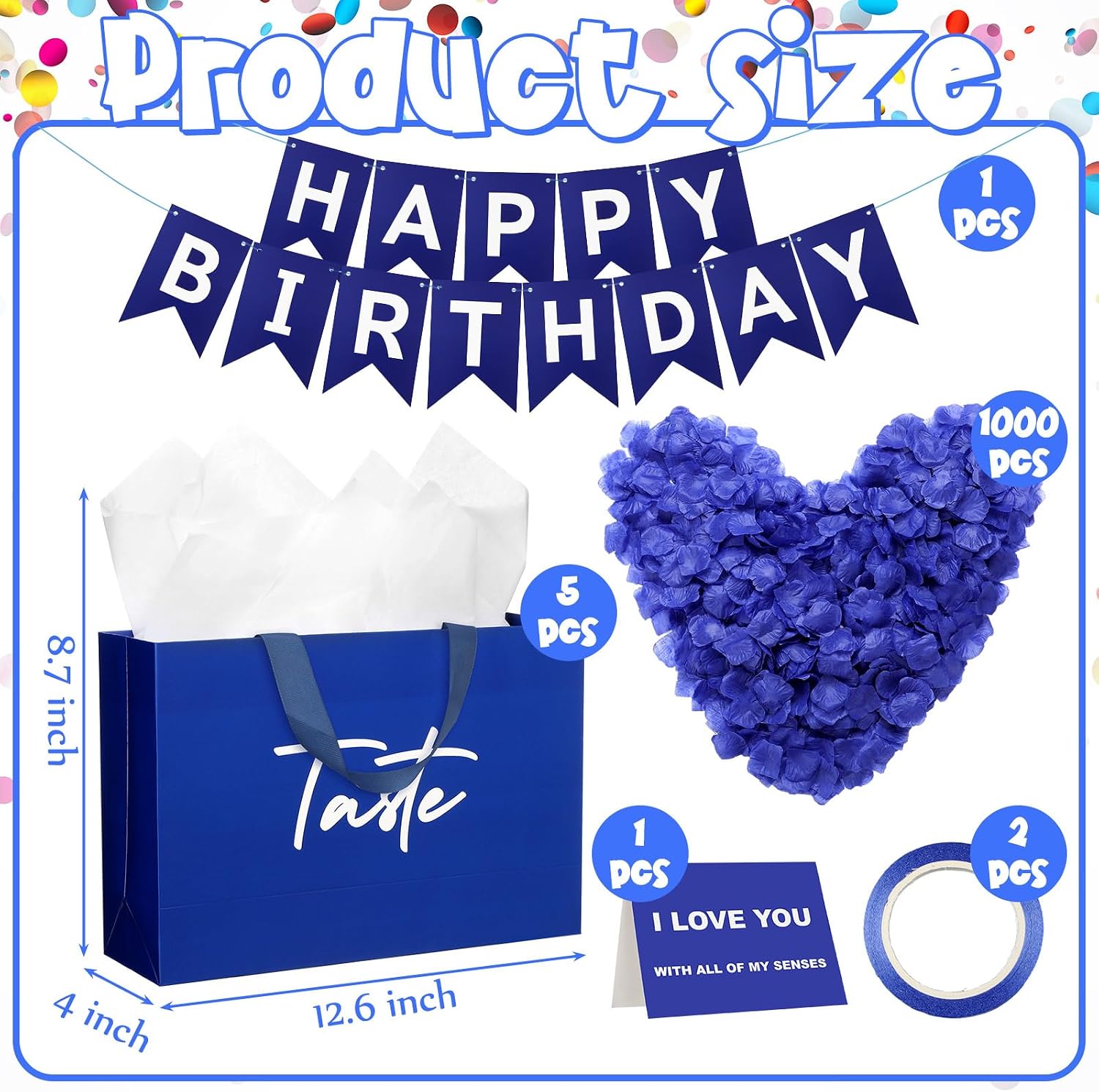 Soulchen 5 Senses Gift Bags for Him Her with Labels, Five Senses Gift Birthday Party Decoration Tissue Paper Handles, Comes with Rose Petals Banner Balloons for Party(Birthday,Blue White)