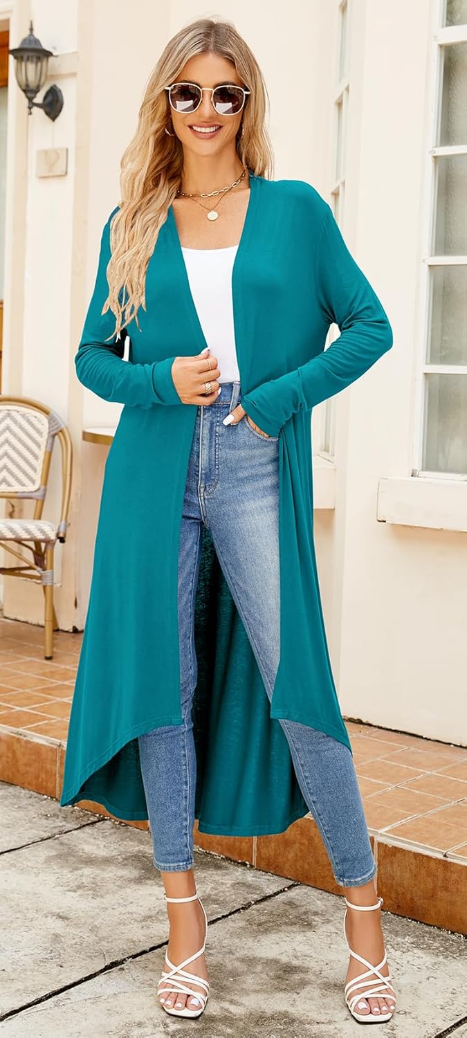 Newchoice Womens Long Cardigan Summer Casual Draped Open Front Lightweight Long Sleeve Cardigan Duster with Pockets - Image 2