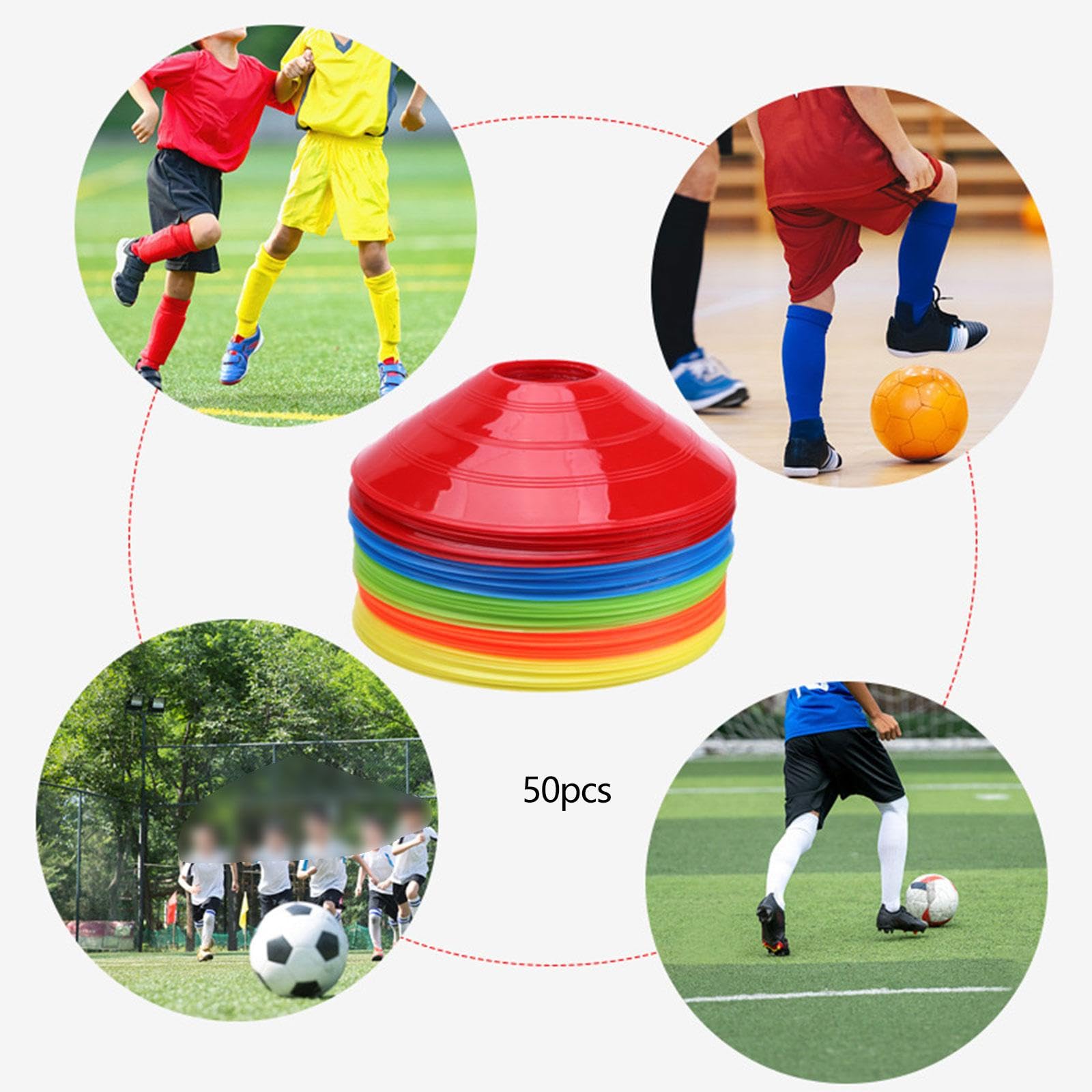 Paquete de 50 conos de entrenamiento de disco plano PETG para fútbol, baloncesto y fútbol, paquete de 50 unidades, con bolsa de transporte